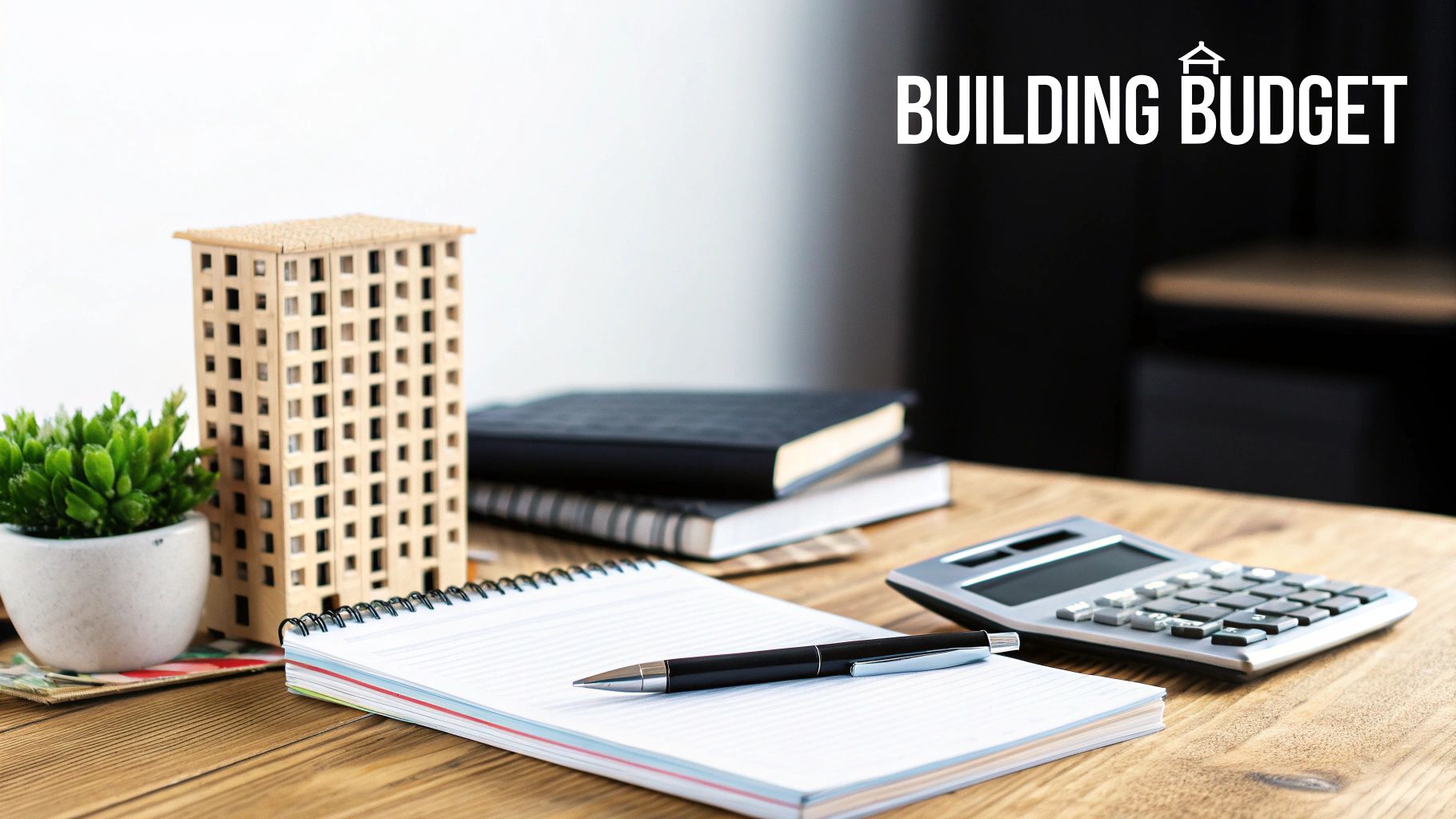 A desk with a wooden building model, plant, notebooks, pen, and calculator, depicting building budget.