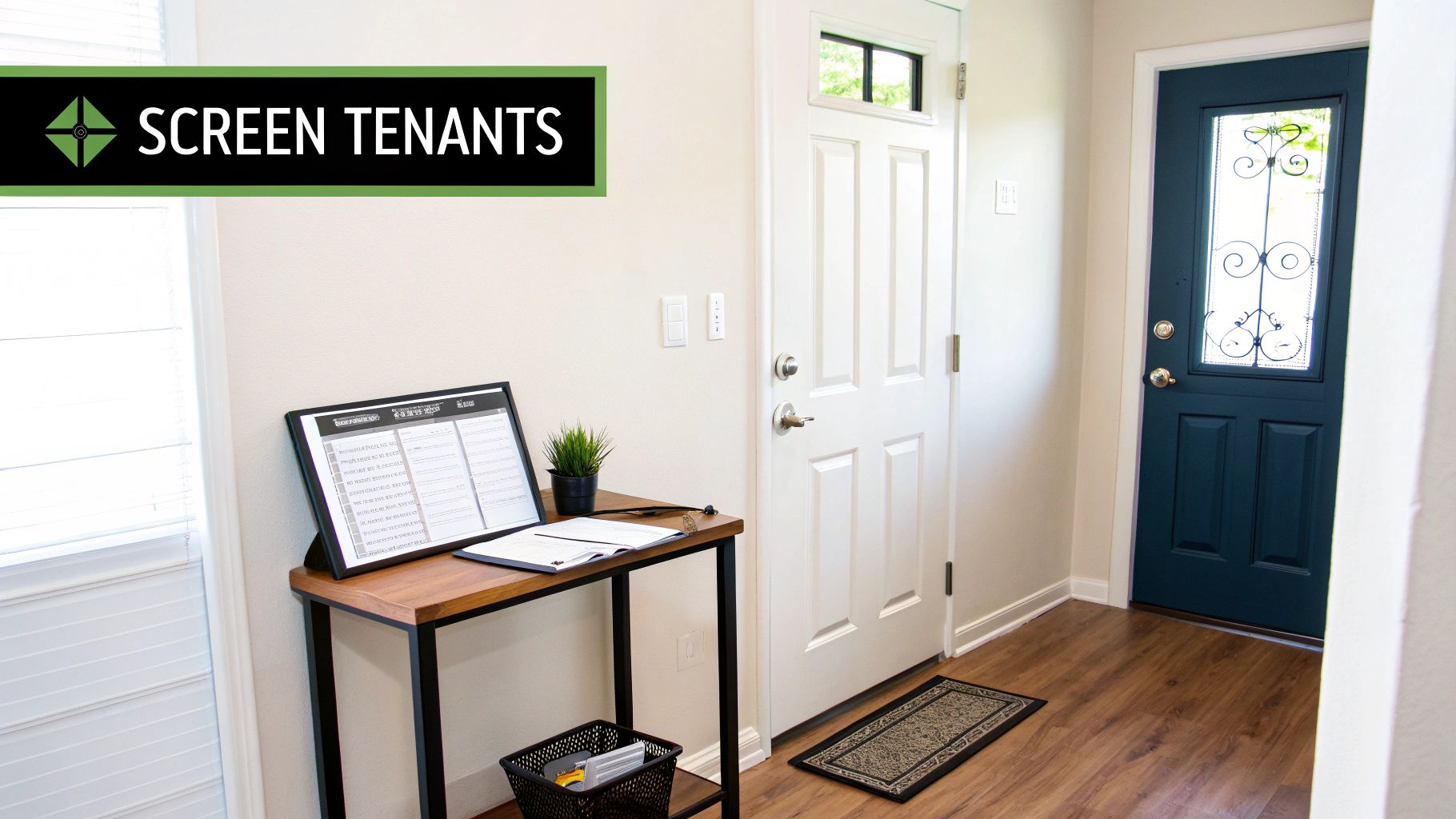 A home entryway featuring a table with documents and a plant, under a 'SCREEN TENANTS' banner.