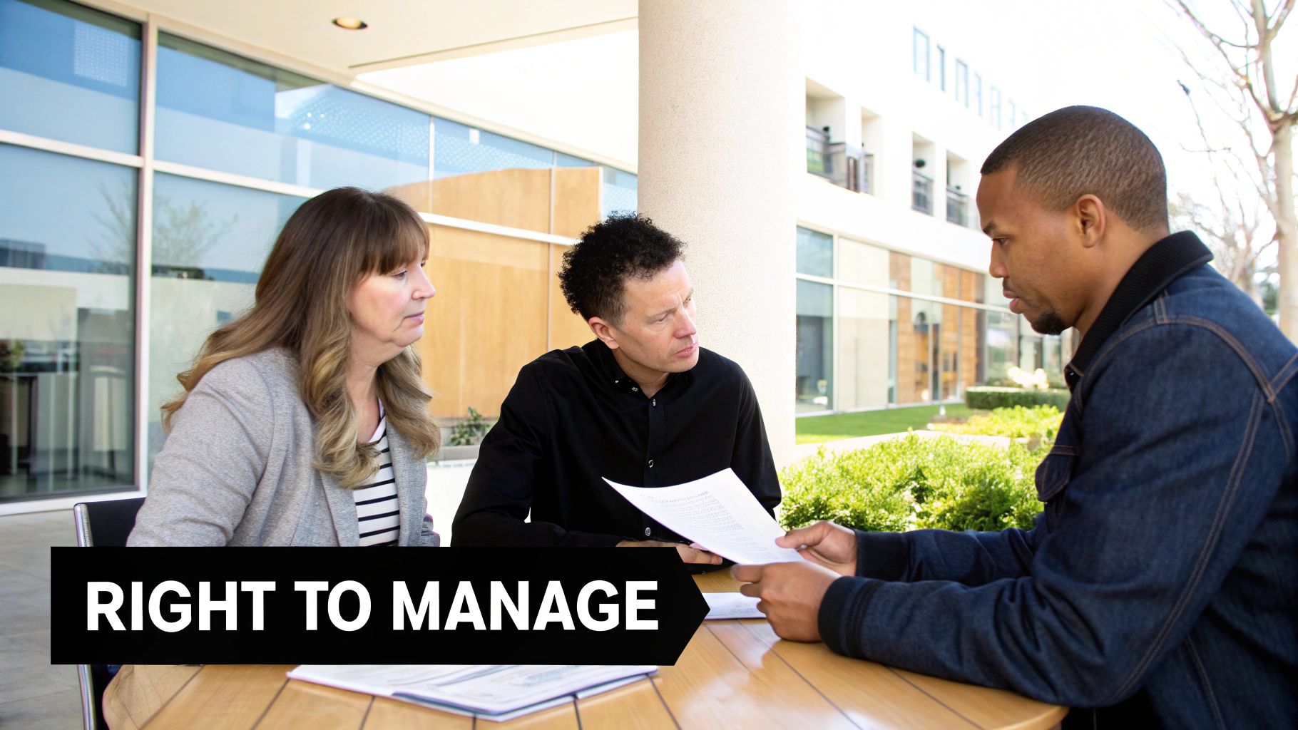 Three professionals reviewing documents outdoors discussing right to manage property management decisions