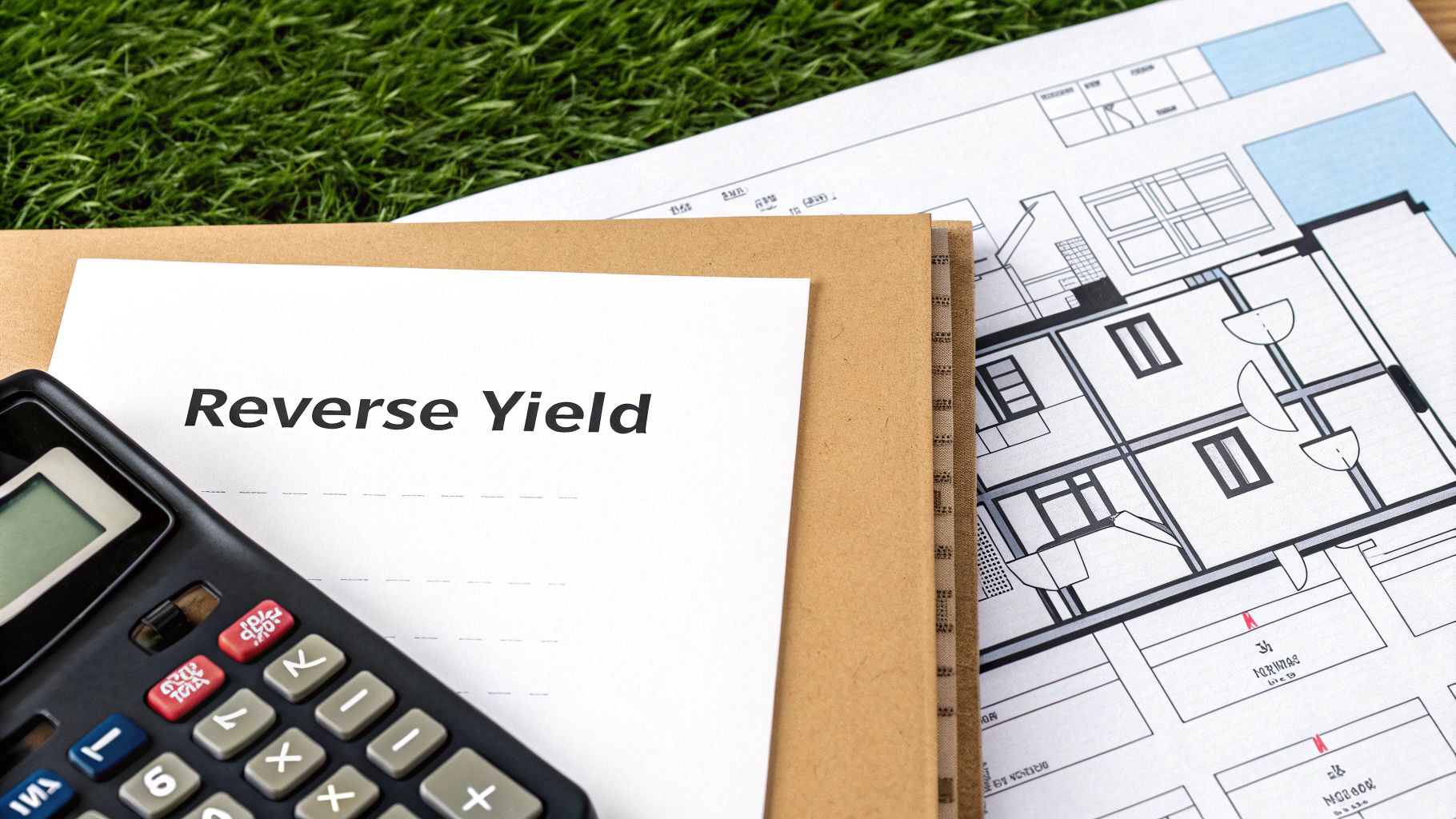 A calculator on a document titled 'Reverse Yield' with architectural plans and green grass.