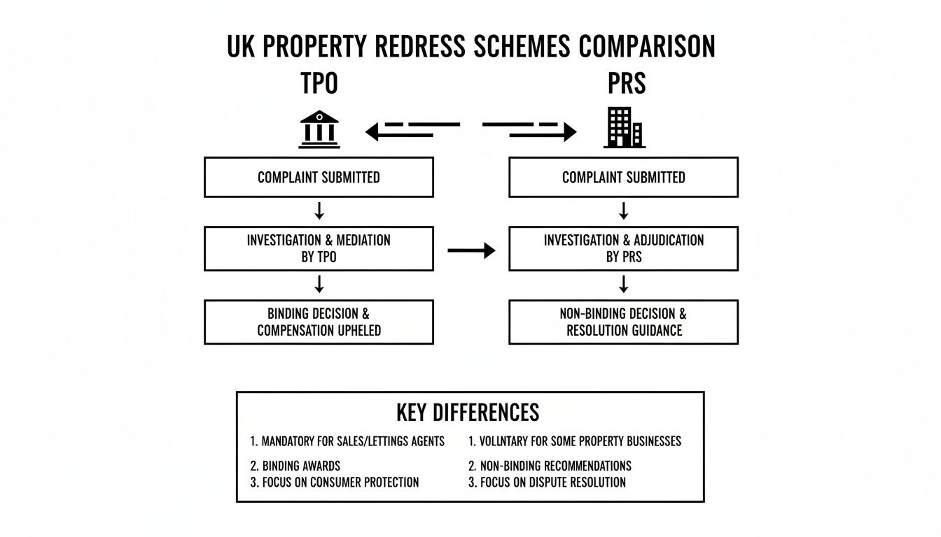 Flowchart comparing UK property redress schemes TPO and PRS, detailing complaint processes and key differences.
