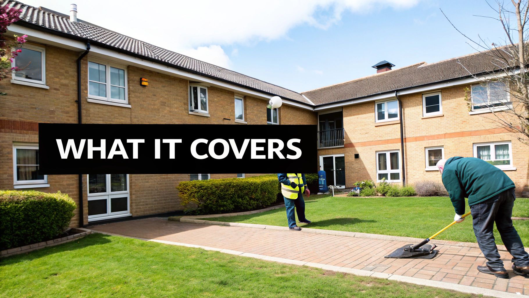 Workers cleaning grounds outside a brick apartment building with green lawns and paved walkways.