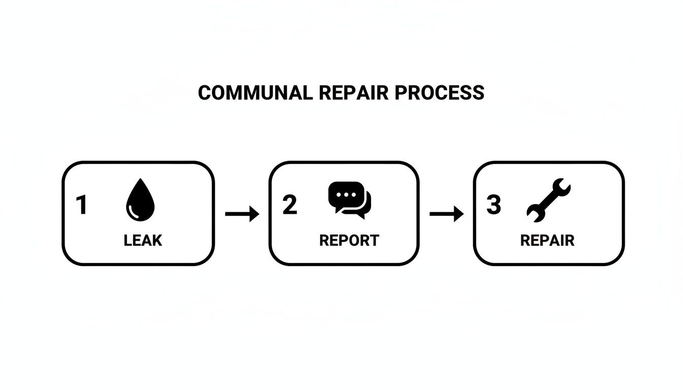 A diagram illustrating the communal repair process steps: 1. Leak, 2. Report, and 3. Repair, each with an icon.