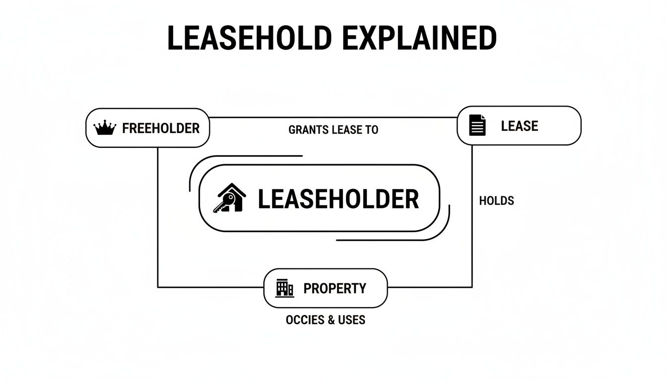 A diagram visually explains leasehold property ownership, detailing the freeholder, leaseholder, lease, and property relationships.