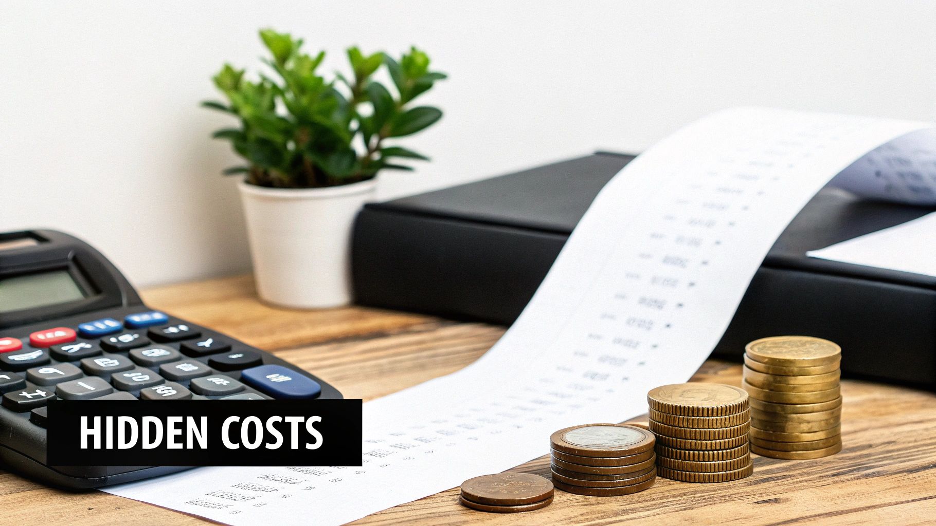A calculator, a long receipt, and stacks of coins on a wooden desk with "HIDDEN COSTS" text.