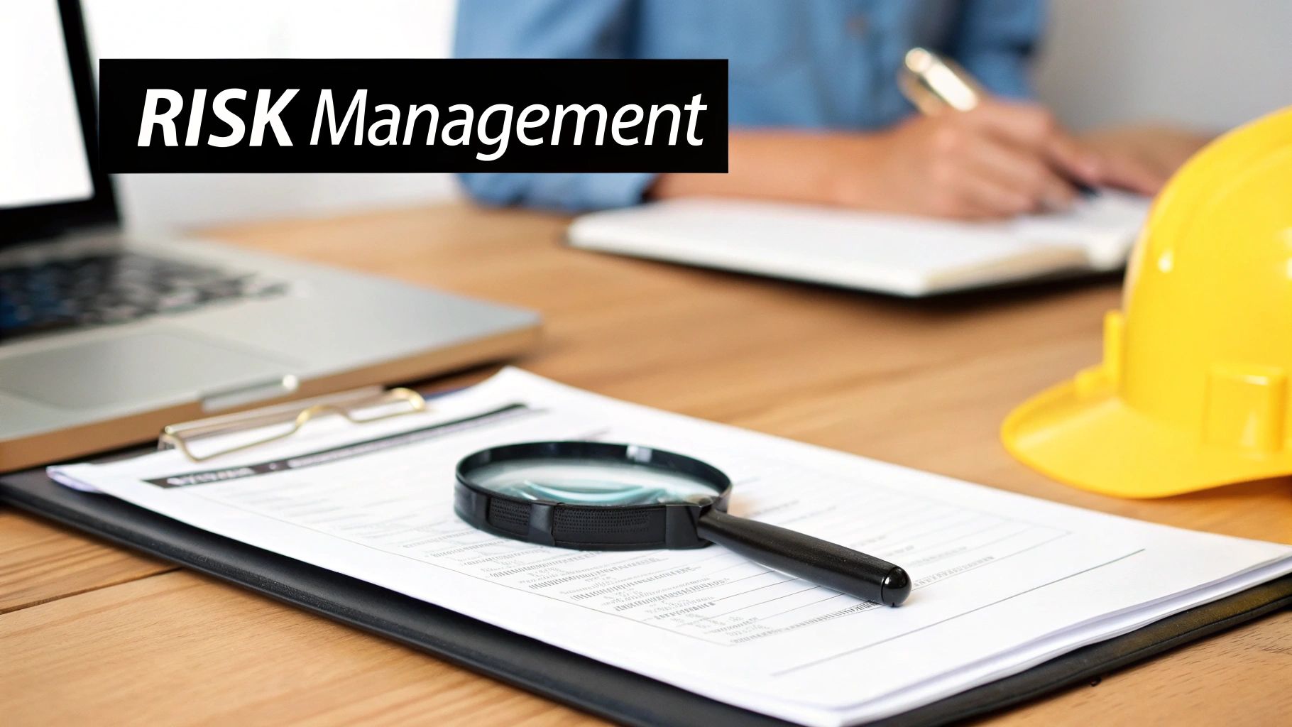 A desk setup with 'RISK Management' text, a person writing, laptop, magnifying glass, and safety helmet.