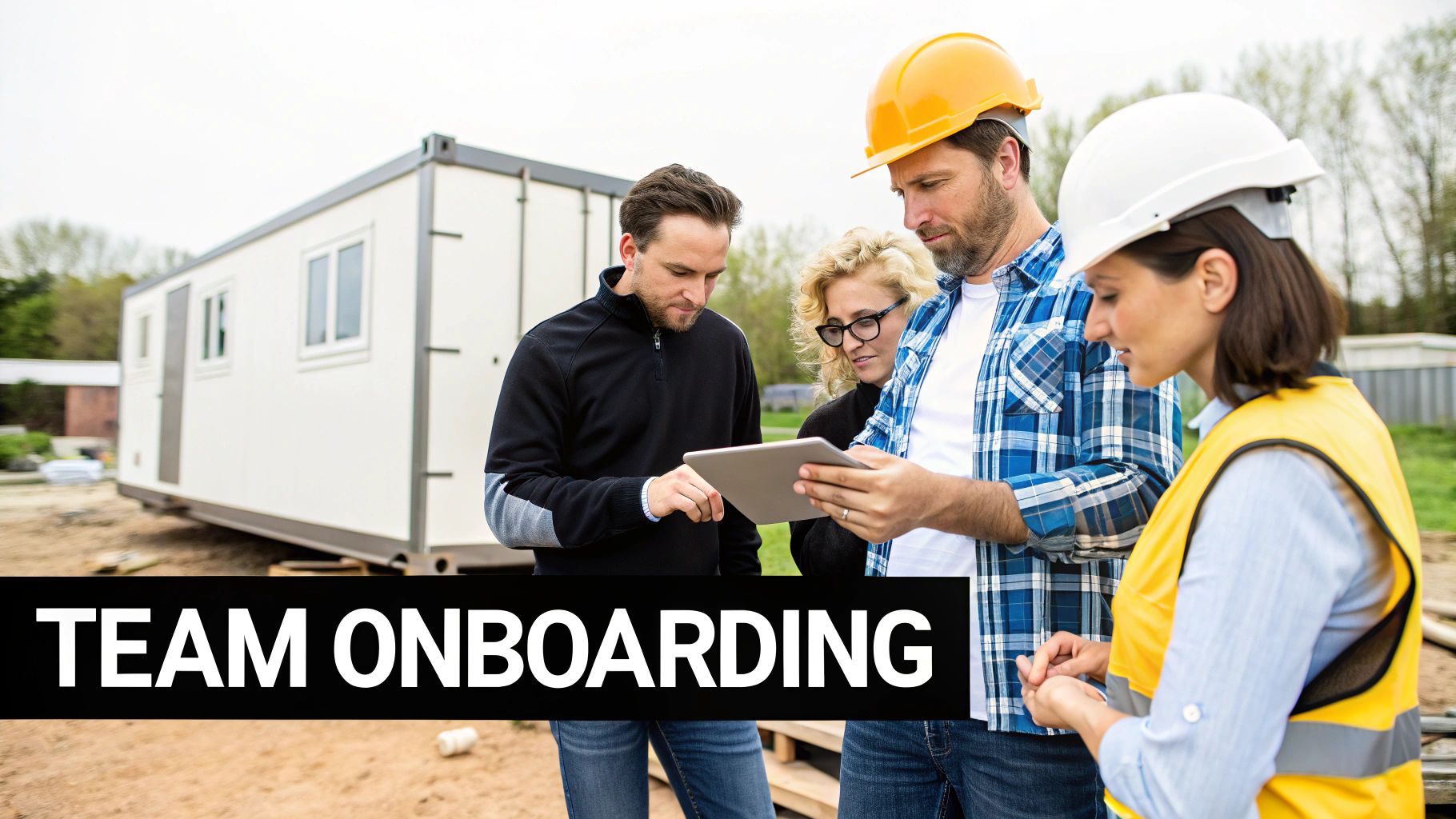 A construction project team reviewing plans on a tablet at a building site during onboarding.
