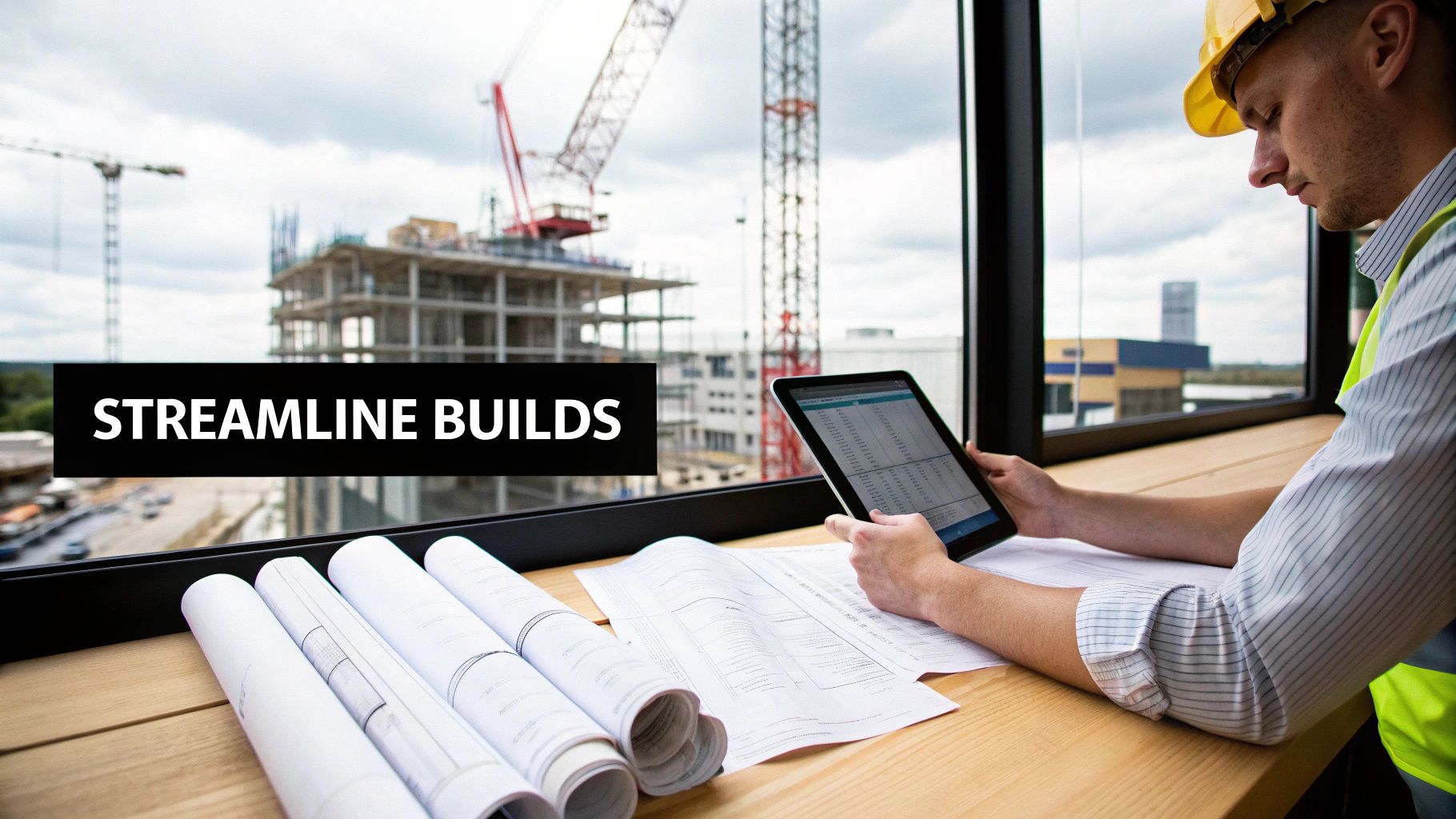 Construction worker uses a tablet and blueprints to manage a building project efficiently, overlooking a site.