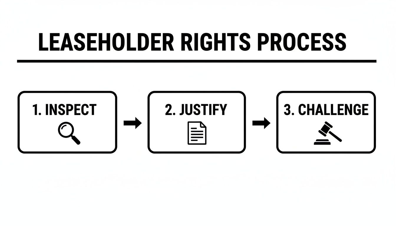 Flowchart illustrating the leaseholder rights process with steps: Inspect, Justify, and Challenge.