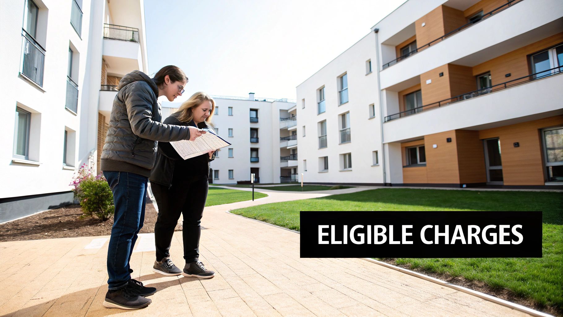 Two people review documents outdoors in a modern apartment complex, with text 'ELIGIBLE CHARGES'.