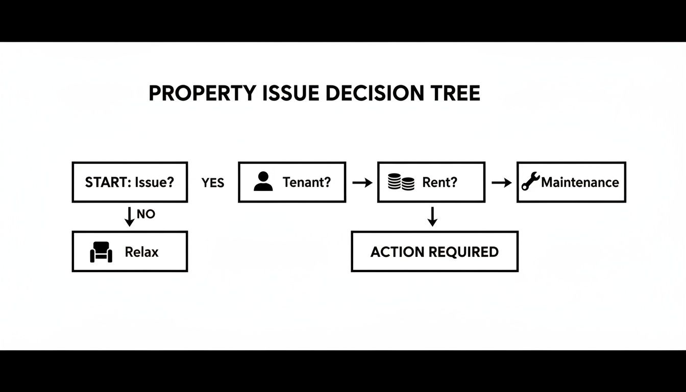 A flowchart diagram illustrating a property issue decision tree for landlords or property managers.