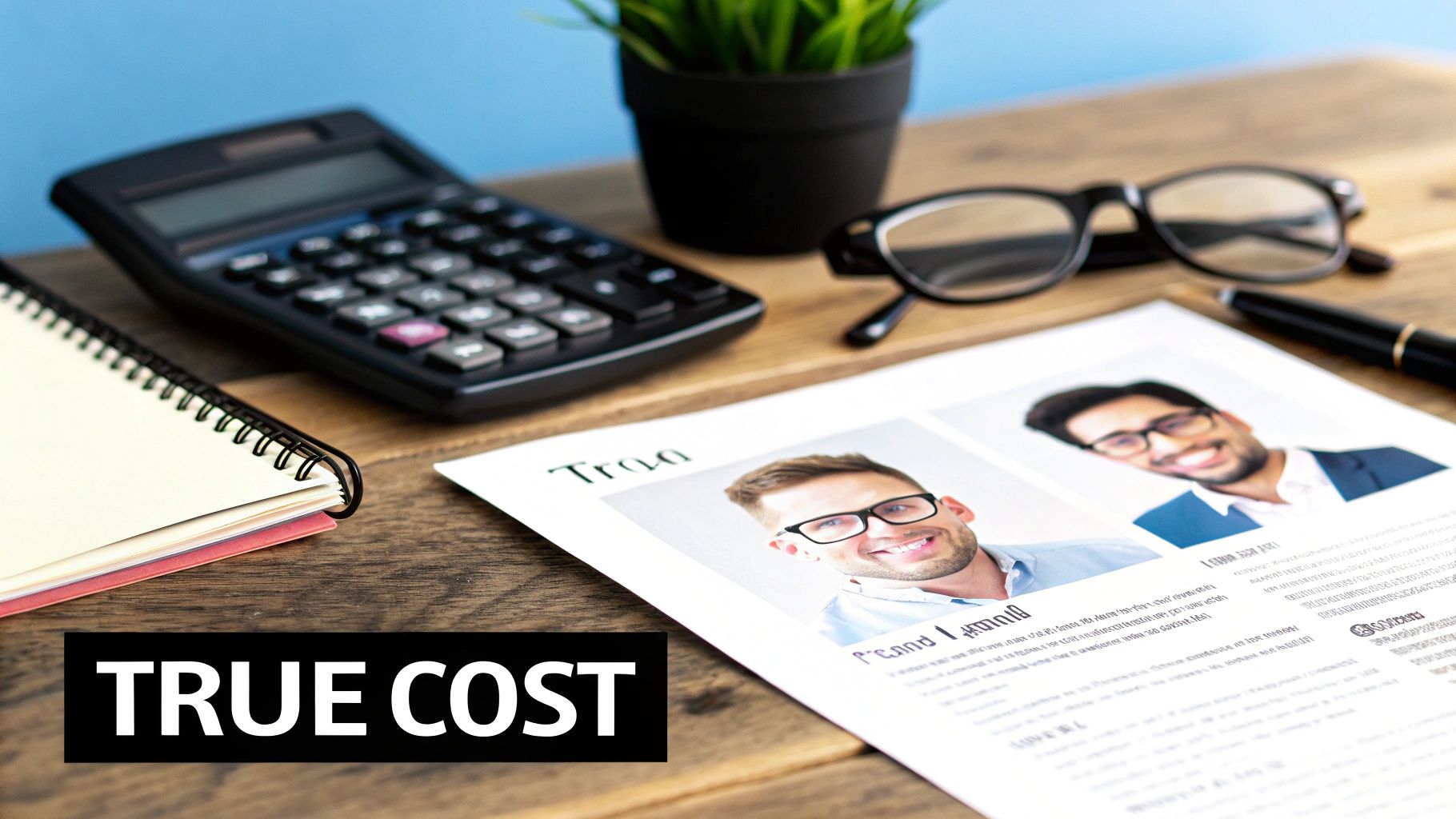 A desk with a calculator, notebook, eyeglasses, and a document showing smiling men with 'TRUE COST' text.