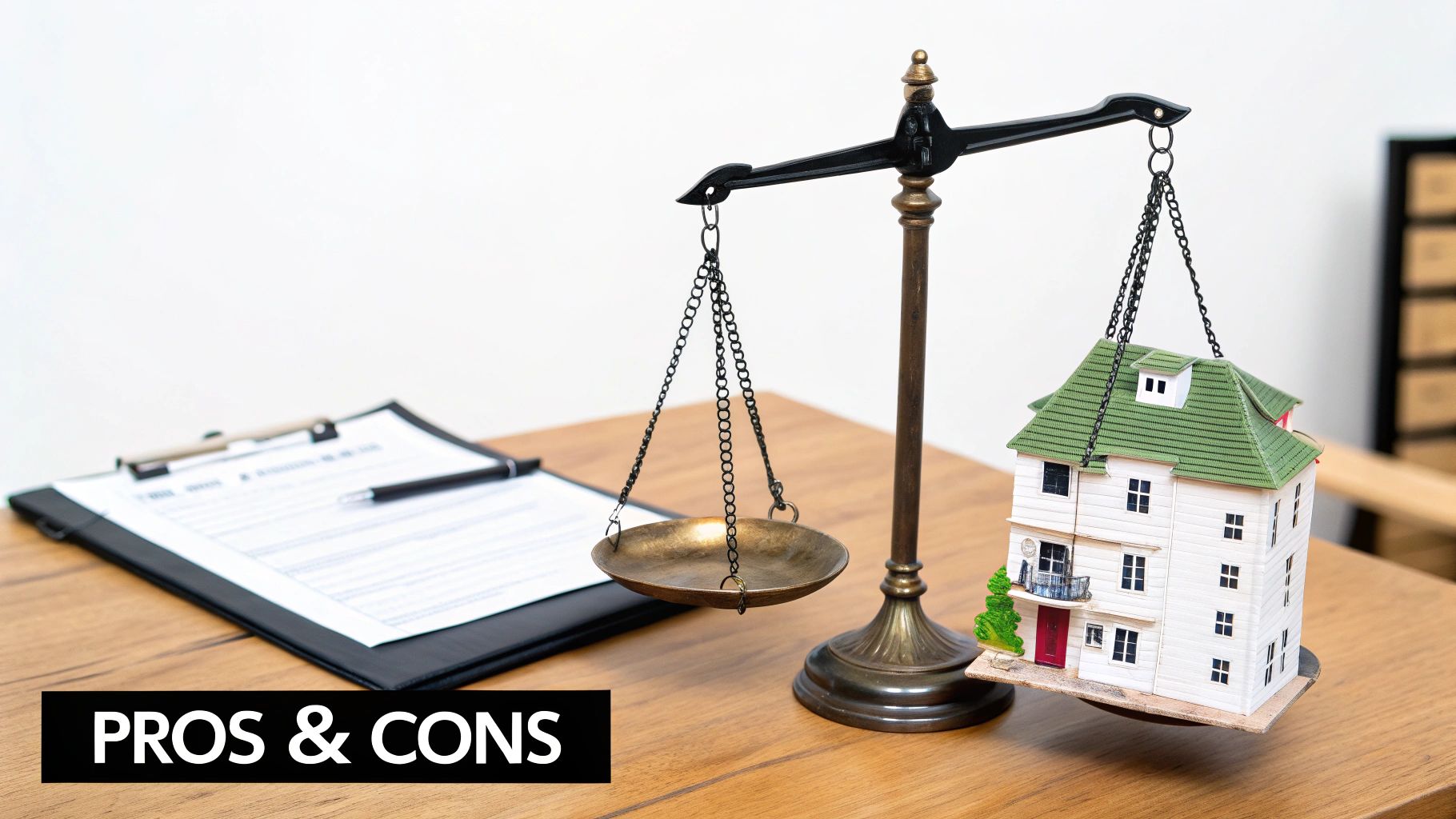 Scales balancing coins and a house, representing the financial pros and cons of an RMC