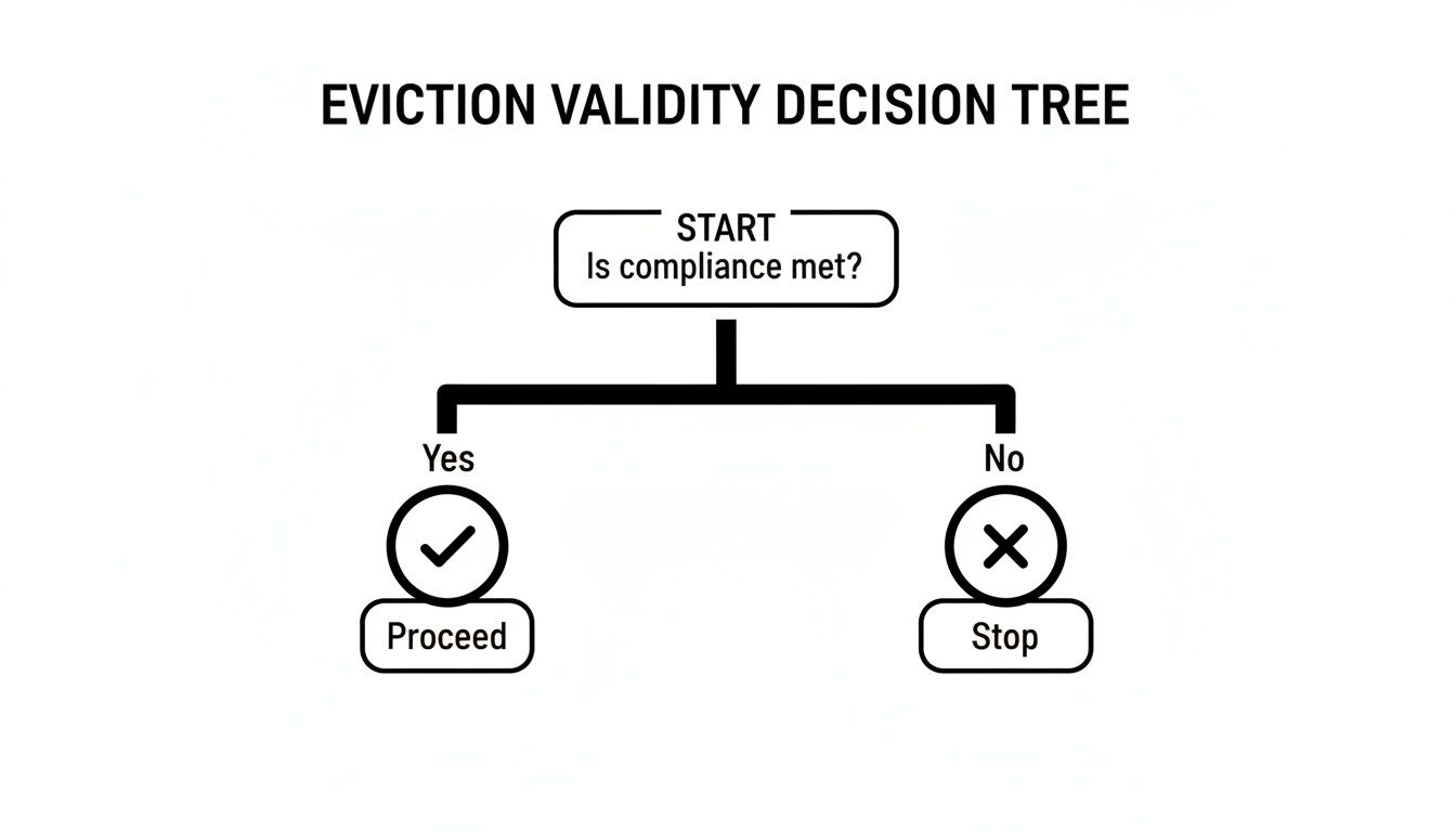Decision tree flowchart for eviction validity, starting with 'Is compliance met?' leading to 'Proceed' or 'Stop'.