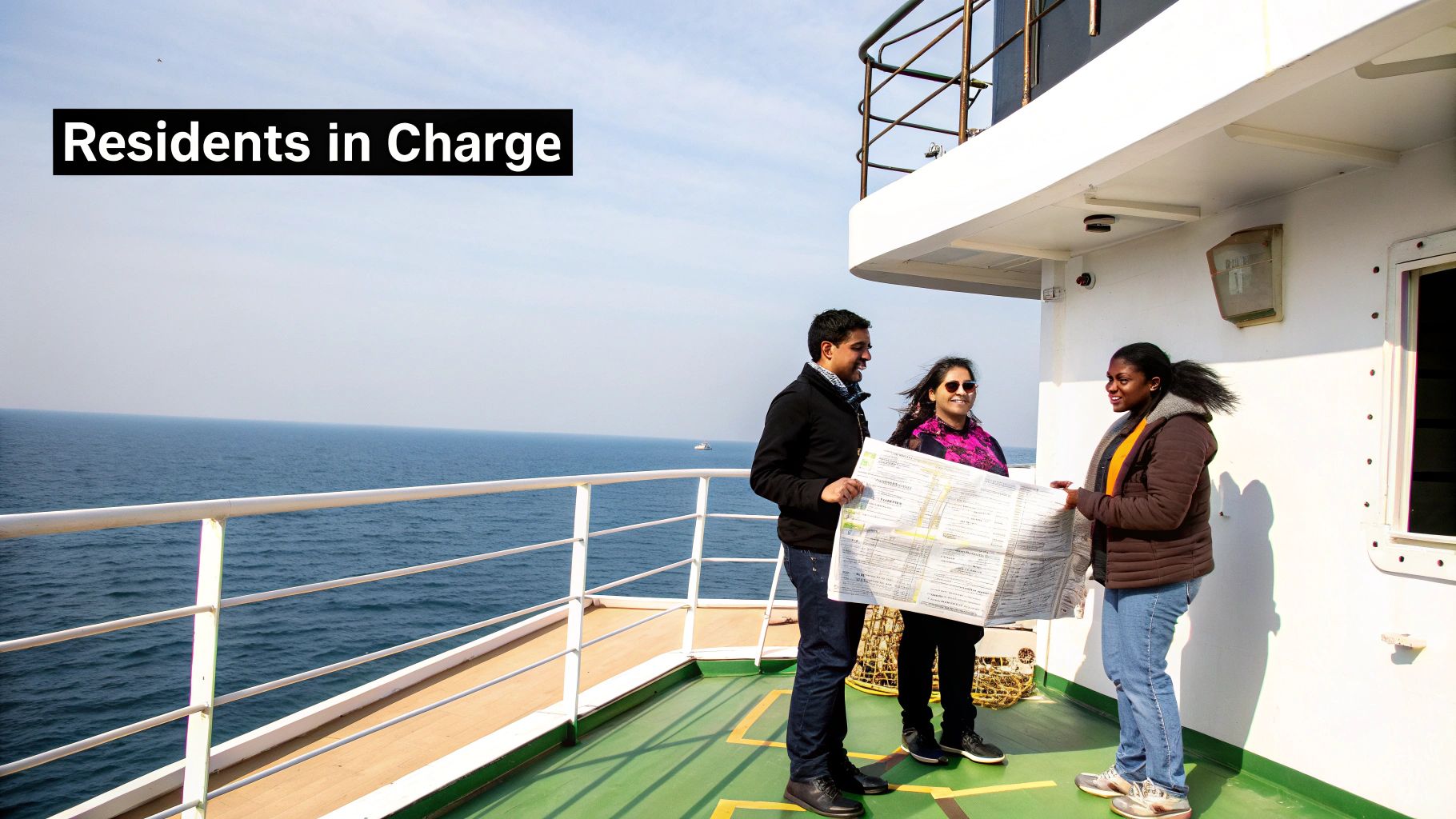 A group of diverse residents happily managing their apartment building's affairs