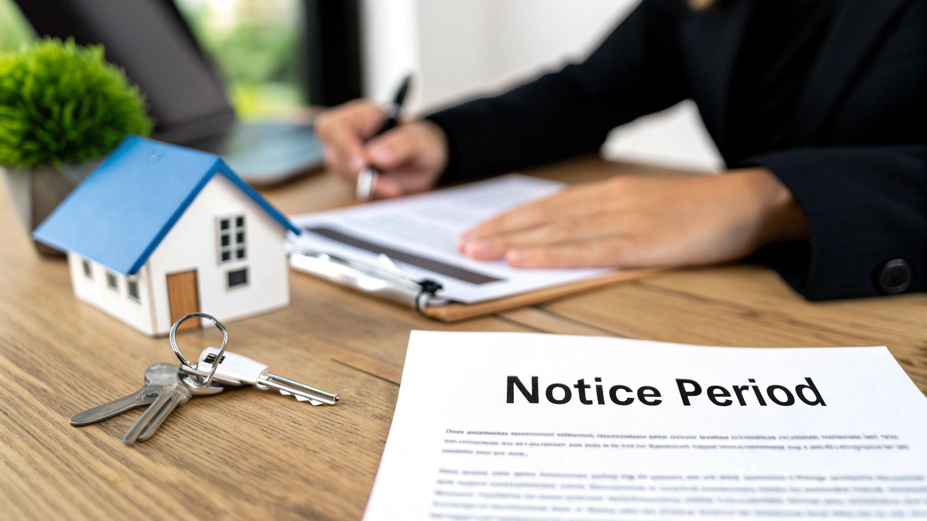 A person signs a document on a wooden table with a house model, keys, and a 'Notice Period' paper.