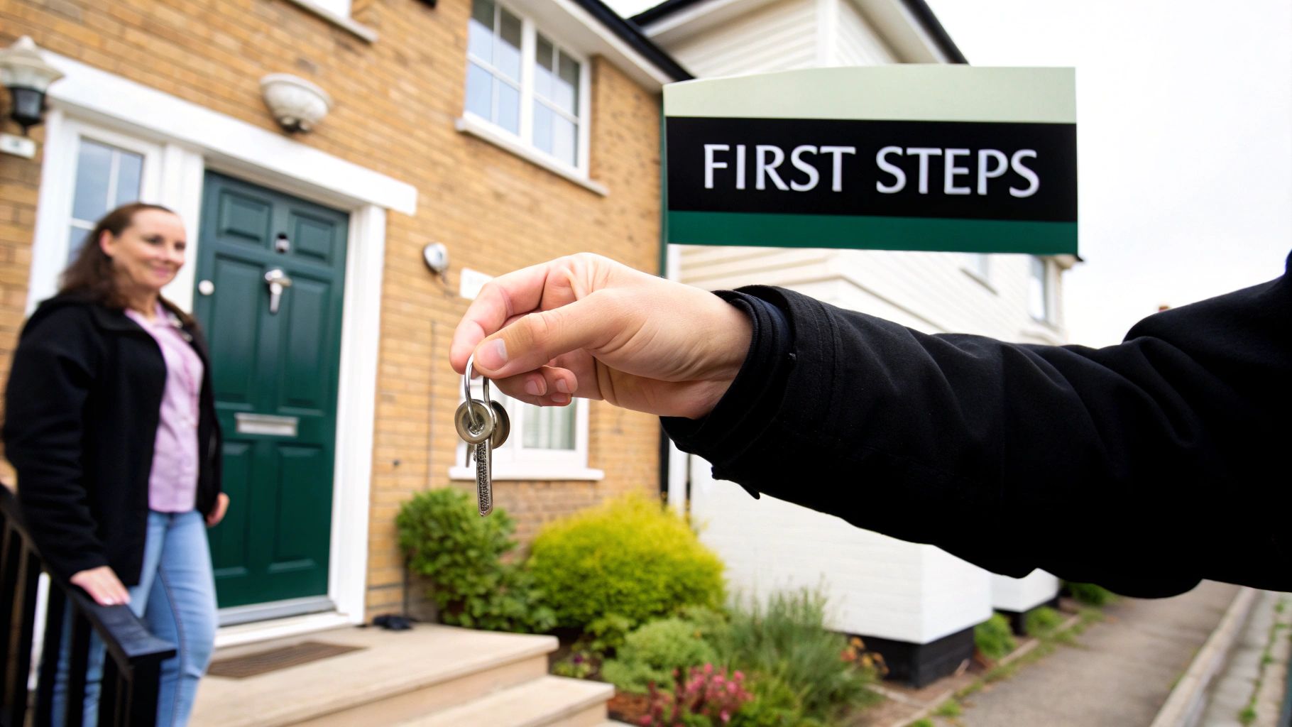 A hand offers house keys to a smiling woman in front of a house with a 'FIRST STEPS' sign.