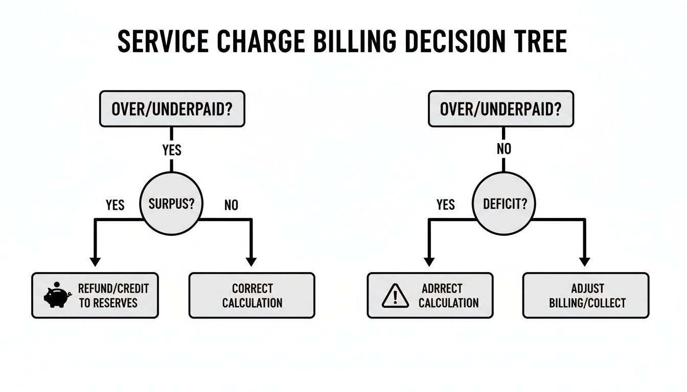A service charge billing decision tree outlining steps for over/underpaid, surplus, deficit, and calculation adjustments.