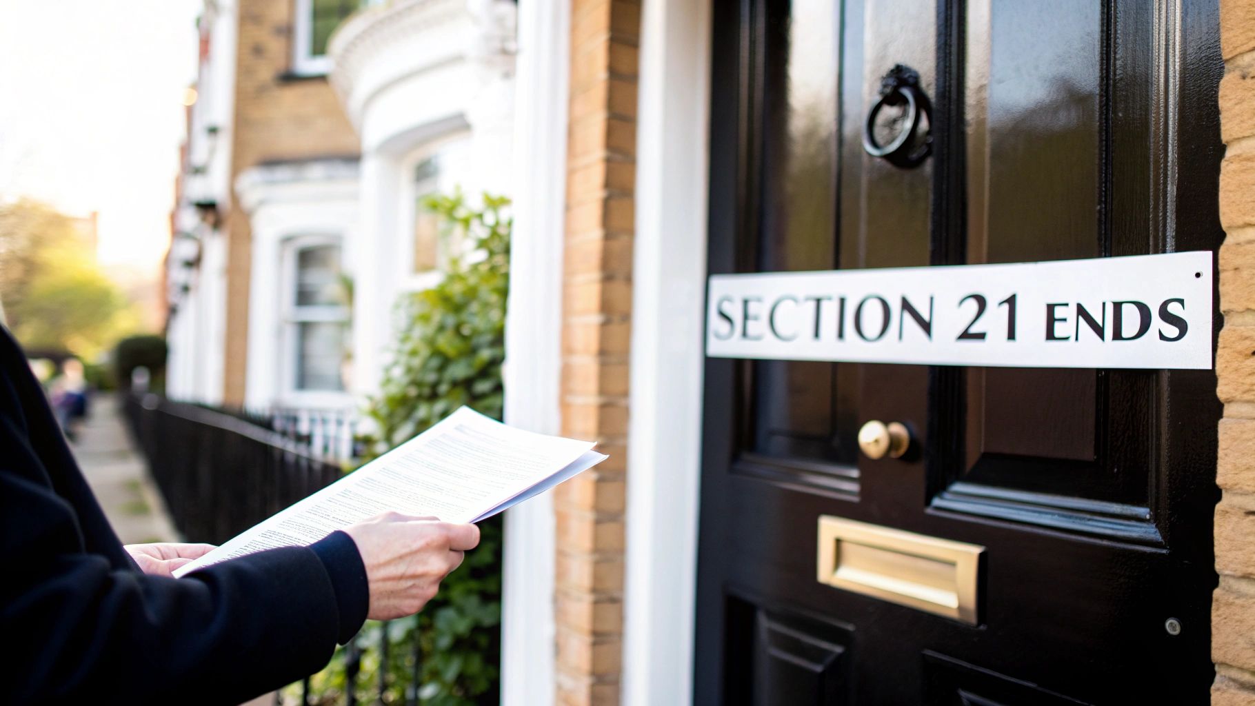 A person holds papers outside a house door displaying a 'SECTION 21 ENDS' sign.
