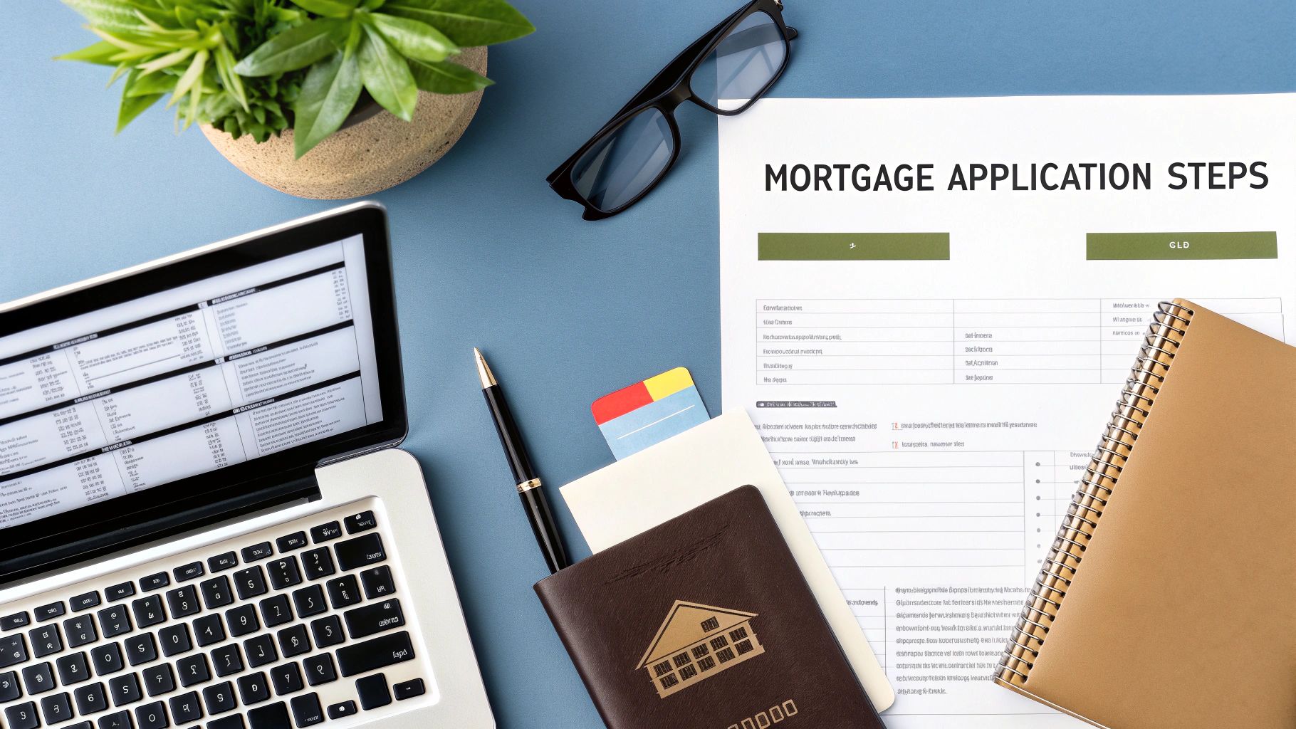 Flat lay of a desk with a laptop, mortgage application document, and house-themed passport.