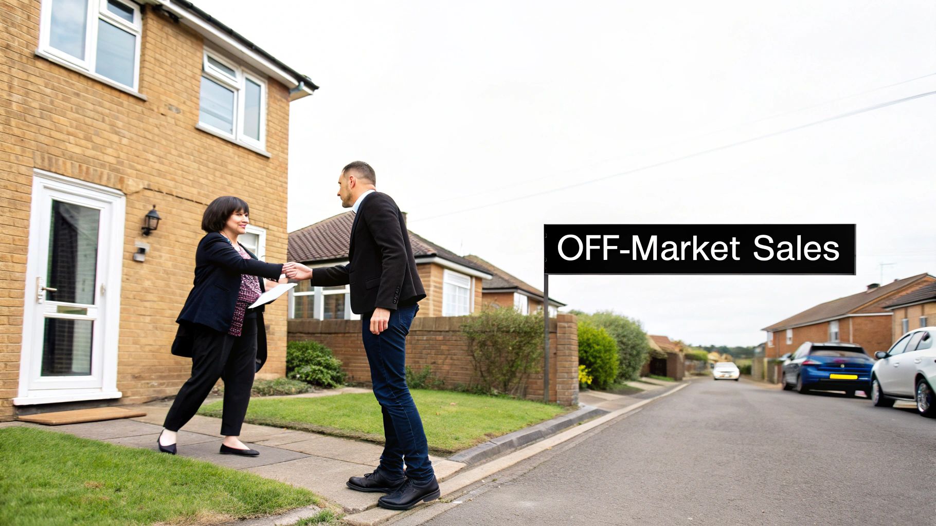 A real estate agent shakes hands with a client outside a brick house, discussing off-market property sales.