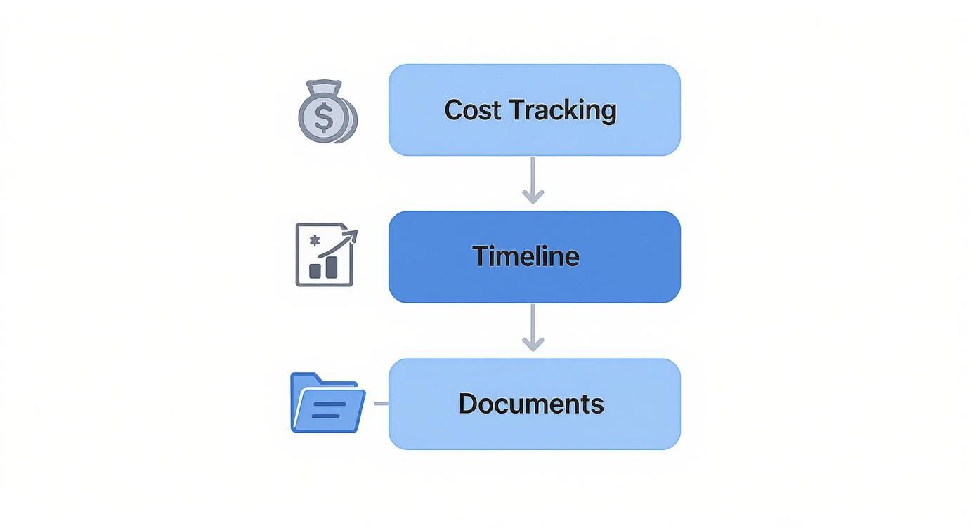 Flowchart illustrating key project management stages: cost tracking, timeline, and document management.