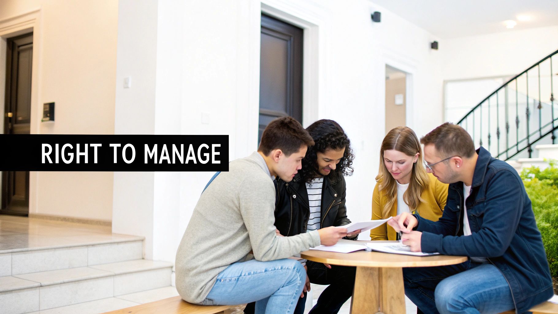 Four young adults discussing documents around a table with a 'RIGHT TO MANAGE' text overlay.