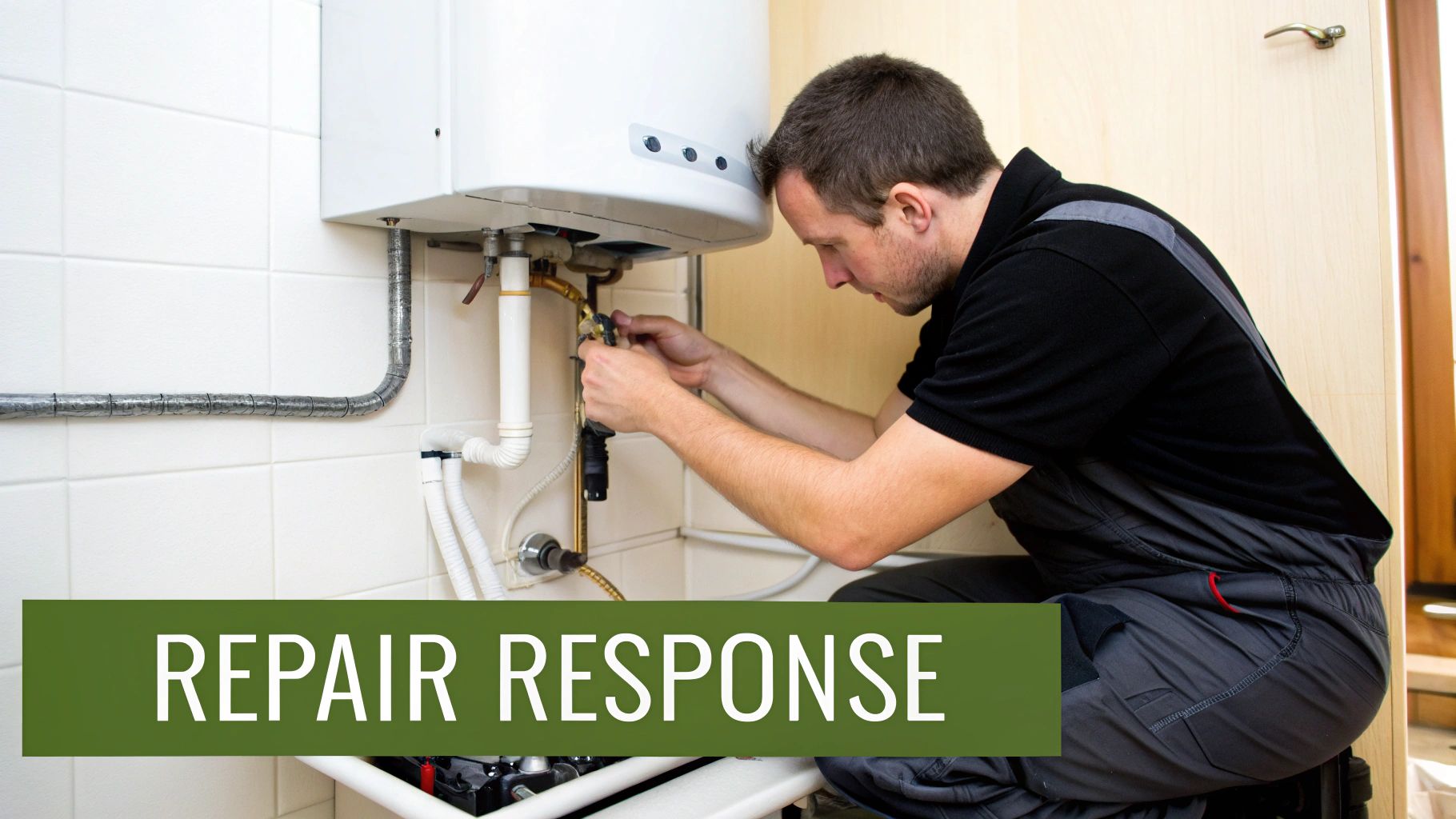 A professional plumber kneels, meticulously repairing a white boiler unit on a tiled wall.