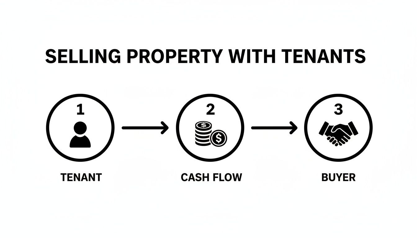 Flowchart showing the process of selling a property with existing tenants, cash flow, and buyer.