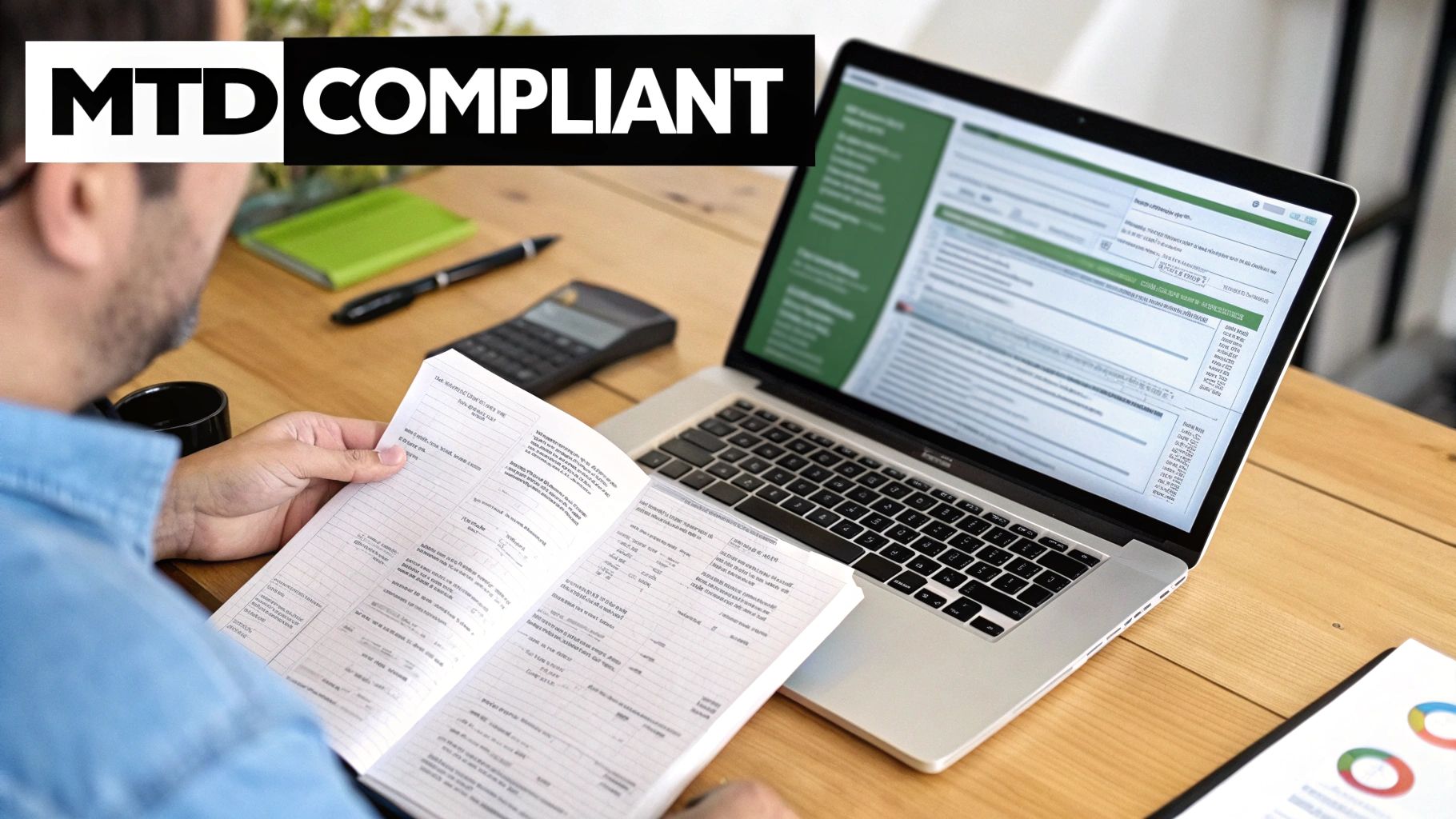 A person reviewing financial documents and using a laptop, indicating MTD Compliant accounting.