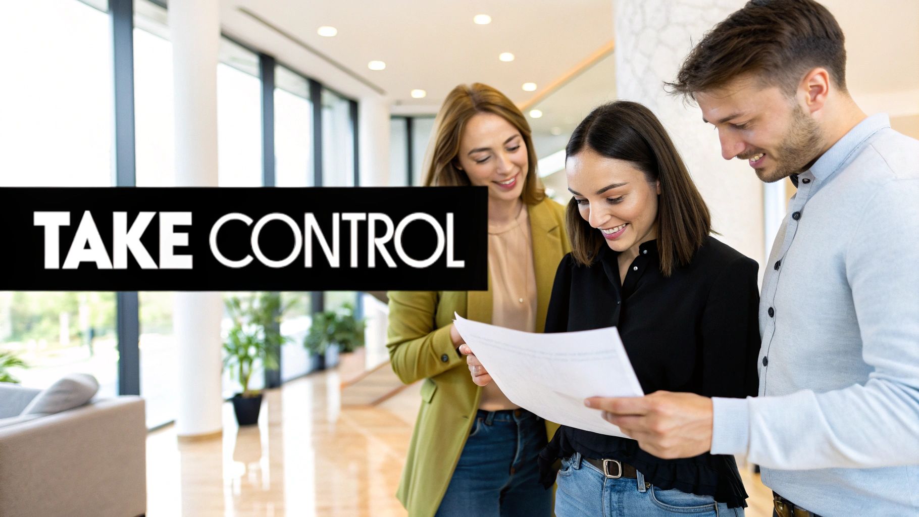 Three smiling business colleagues reviewing a document, with a prominent 'TAKE CONTROL' sign in the foreground.