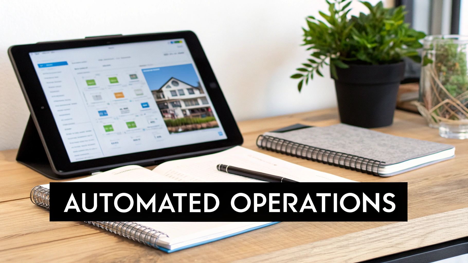 A tablet displays property listings and management software on a wooden desk with notebooks and a plant, for automated operations.