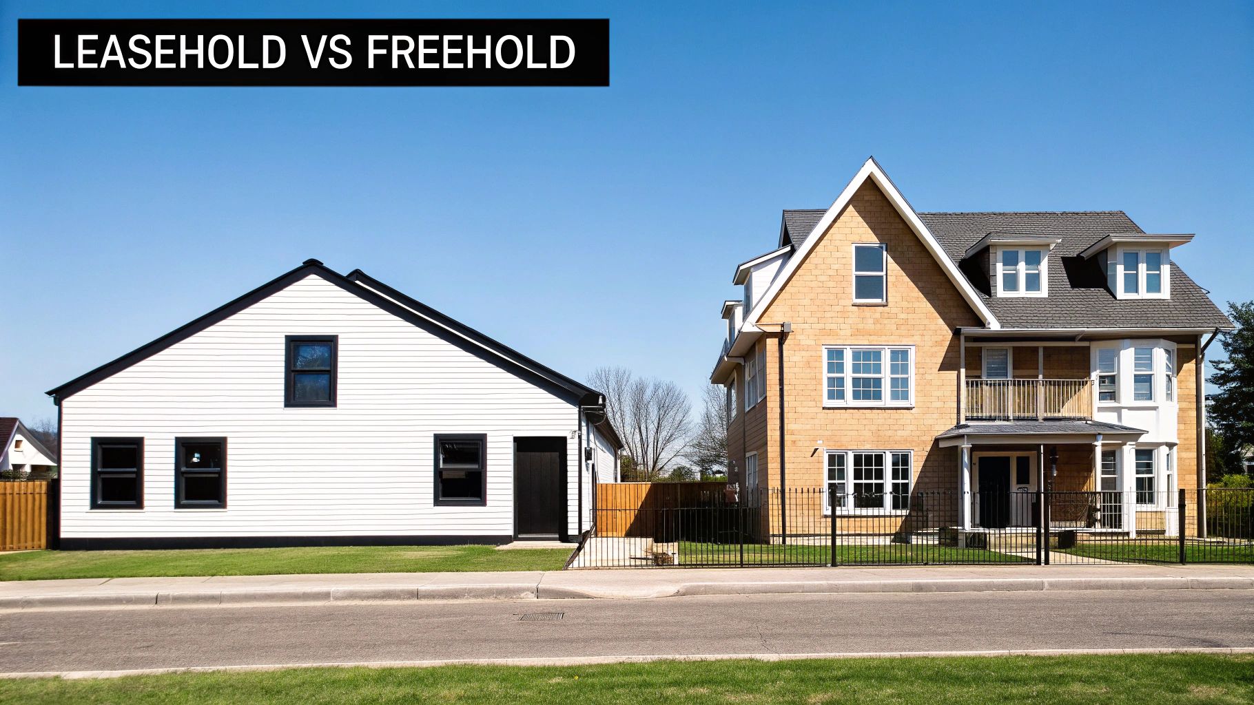 Two distinct houses side by side under a clear sky, illustrating leasehold vs freehold.