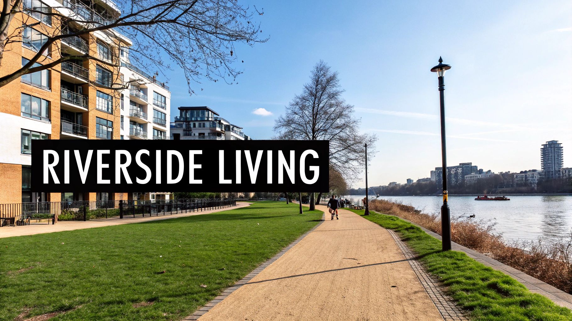 Modern apartments by a sunny river with a green park and a walking path.