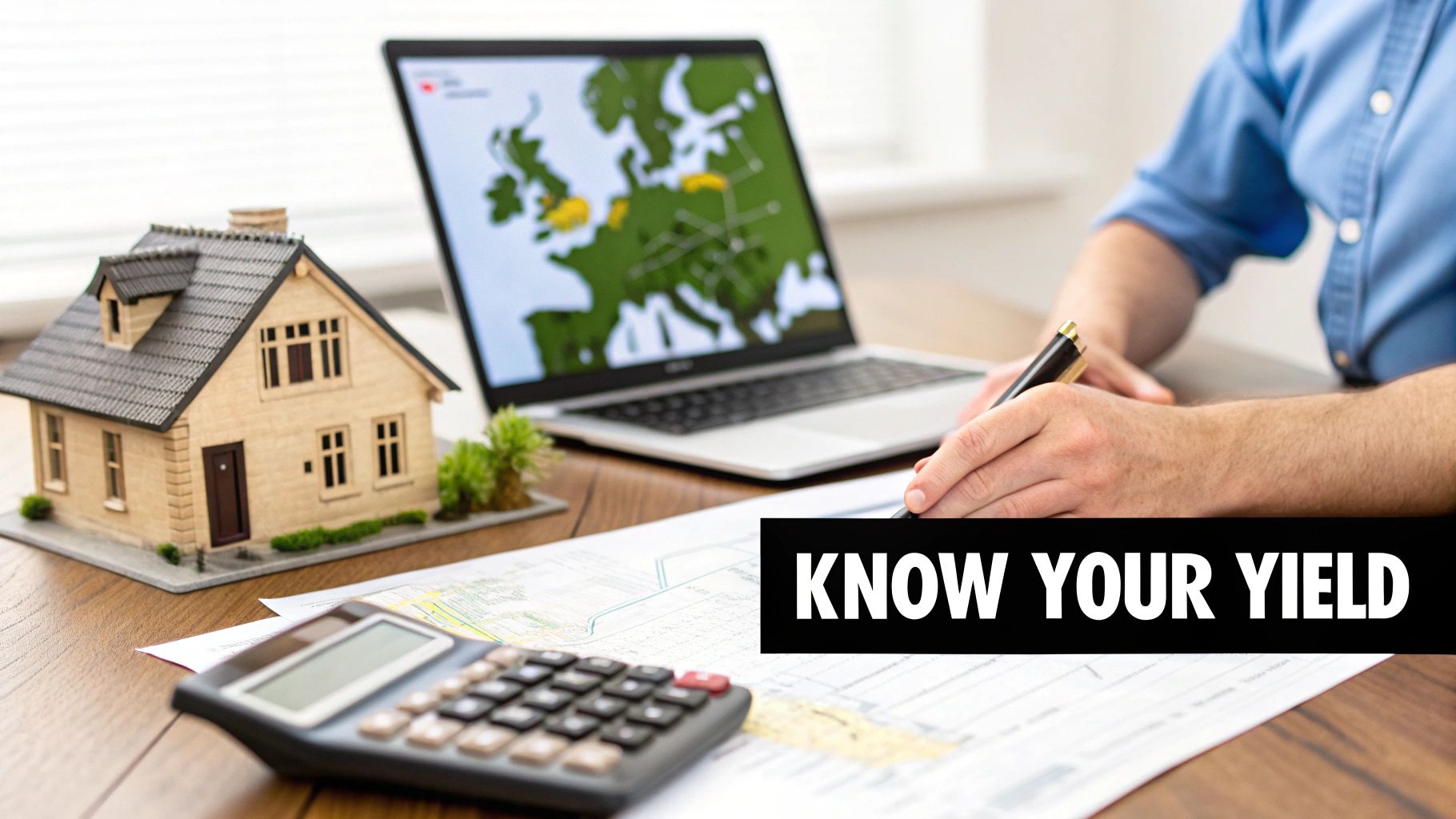 Person calculating property yield on a desk with a house model, calculator, and laptop showing a map.