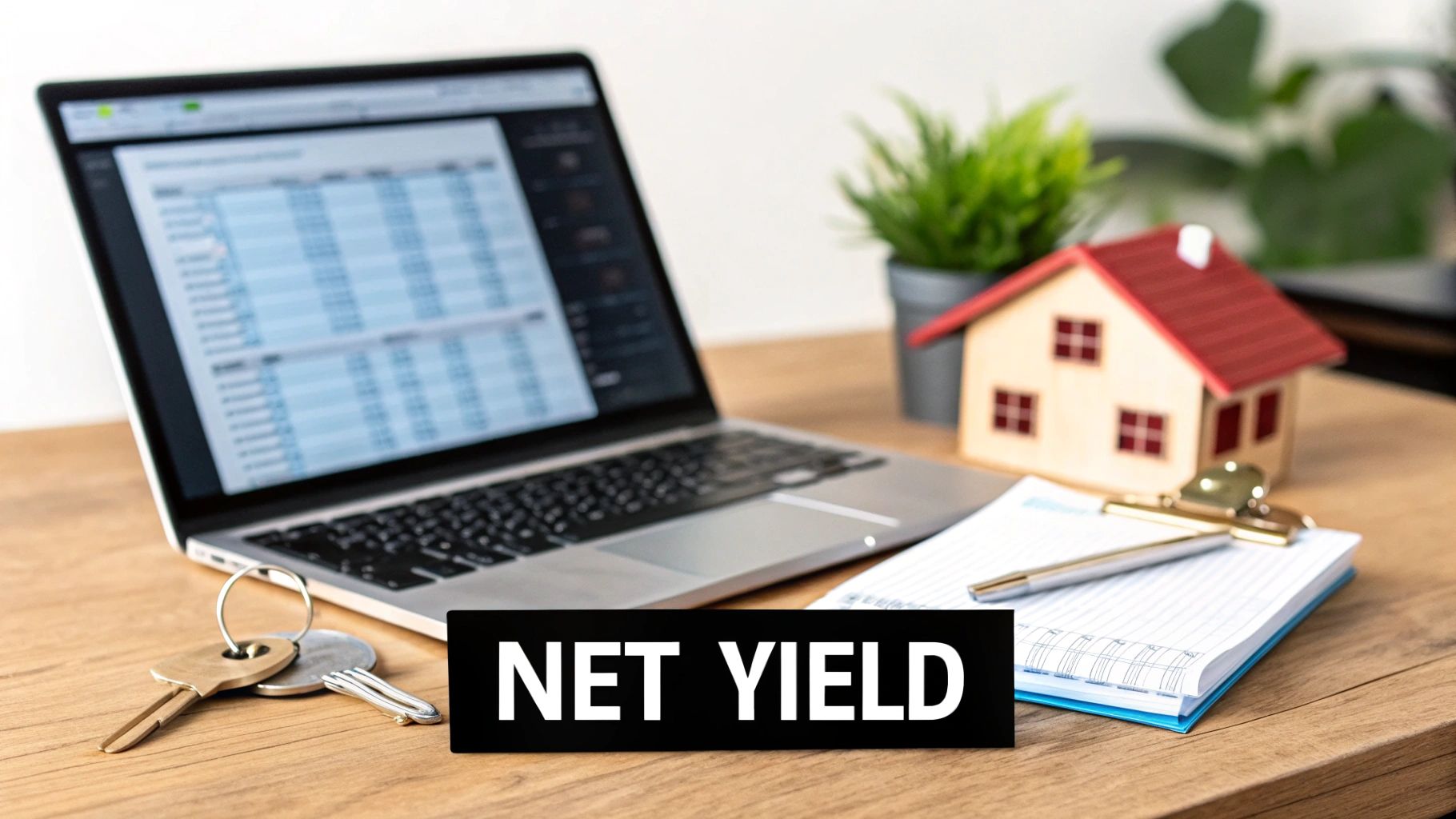 A laptop displaying financial data, house model, keys, and notepad on a desk with 'NET YIELD' text.