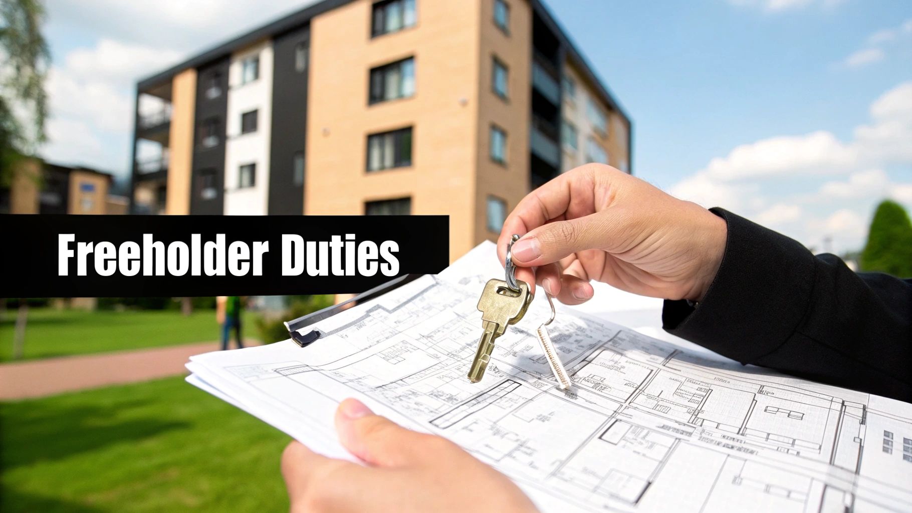 Hand holding property keys over architectural blueprints with modern apartment building in background