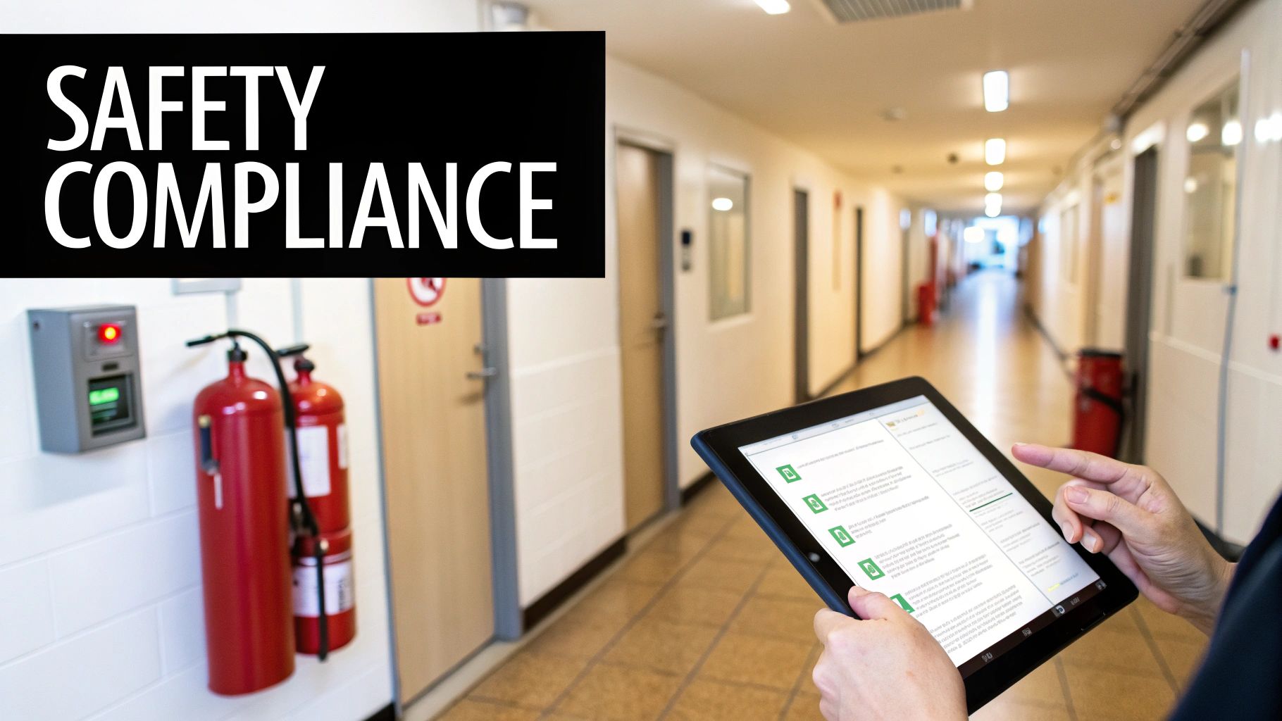 A person uses a tablet to check safety compliance in a building hallway with fire extinguishers.