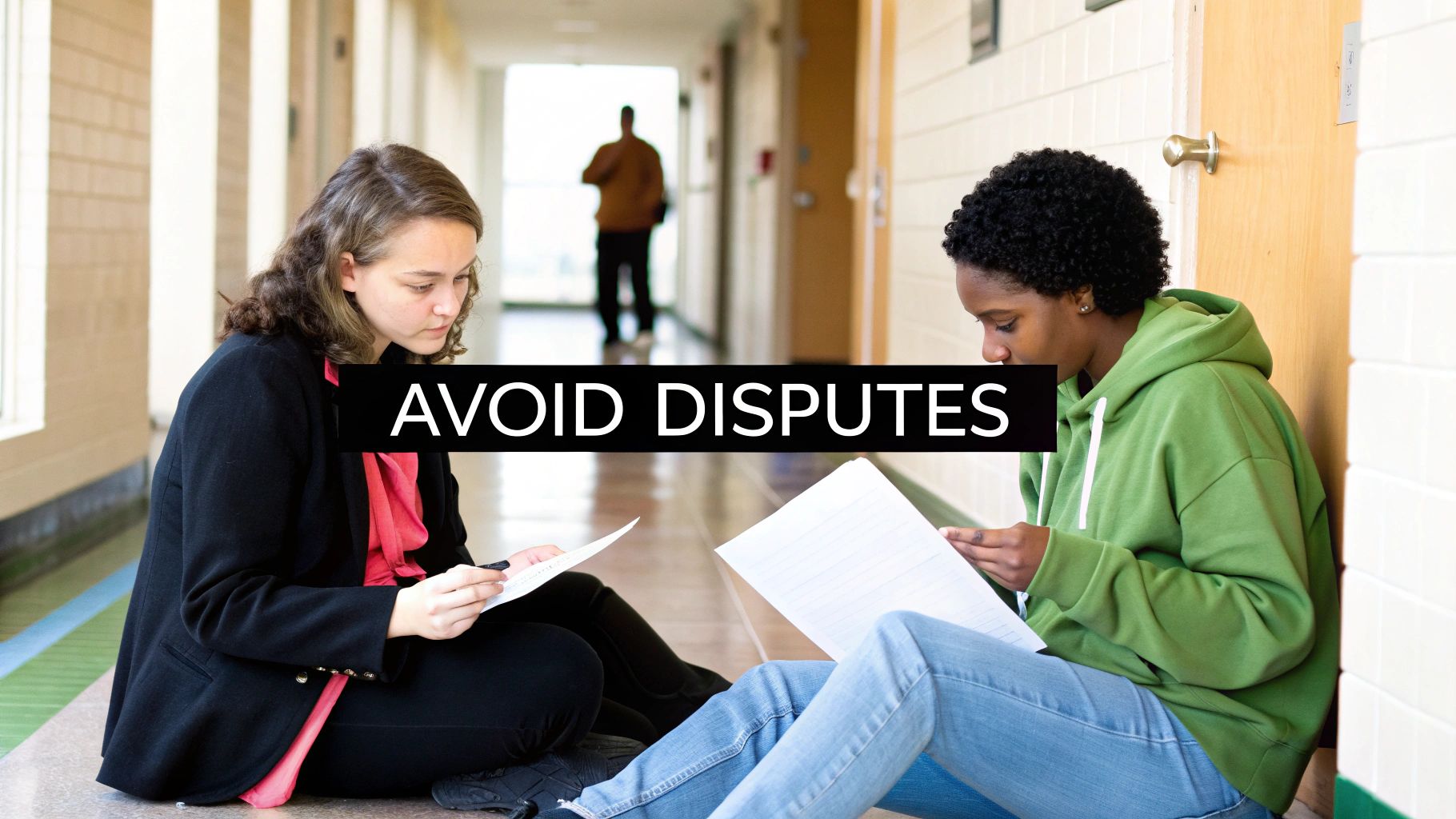 Two students sitting in school hallway reviewing documents together to avoid disputes