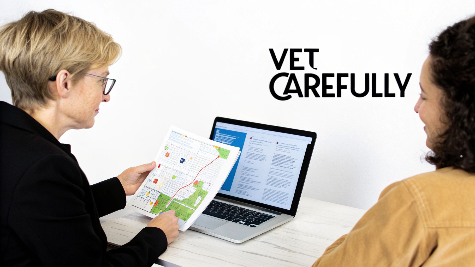 Two women discussing a document and laptop content at a table, with 'VET CAREFULLY' text.