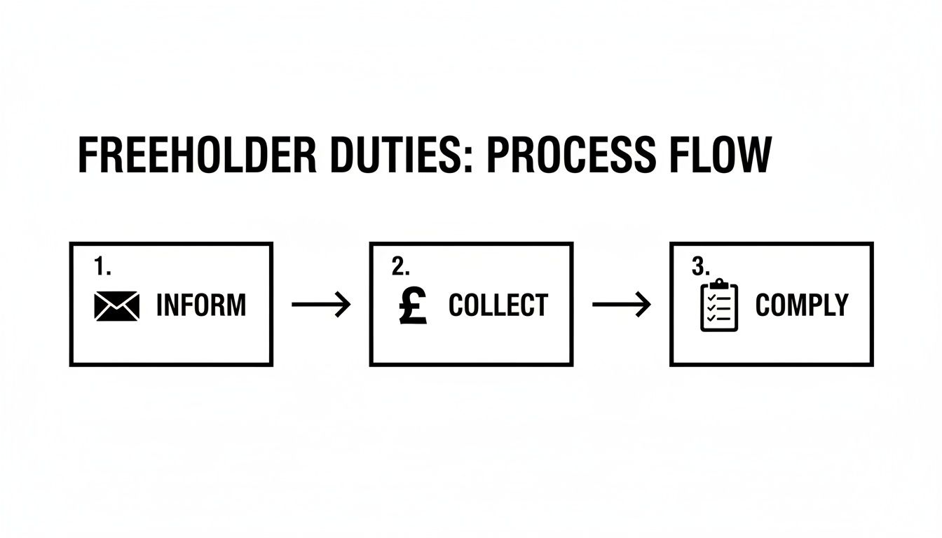 A three-step process flow diagram illustrating freeholder duties: Inform, Collect, and Comply.