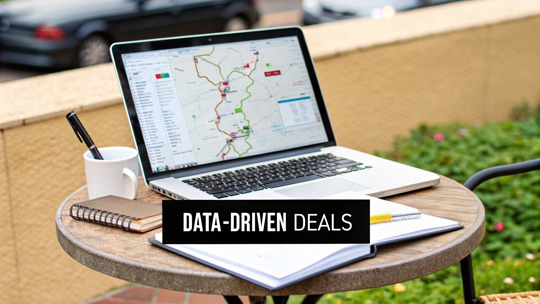 A laptop showing a data map on an outdoor table with notebooks and a pen, emphasizing 'DATA-DRIVEN DEALS'.