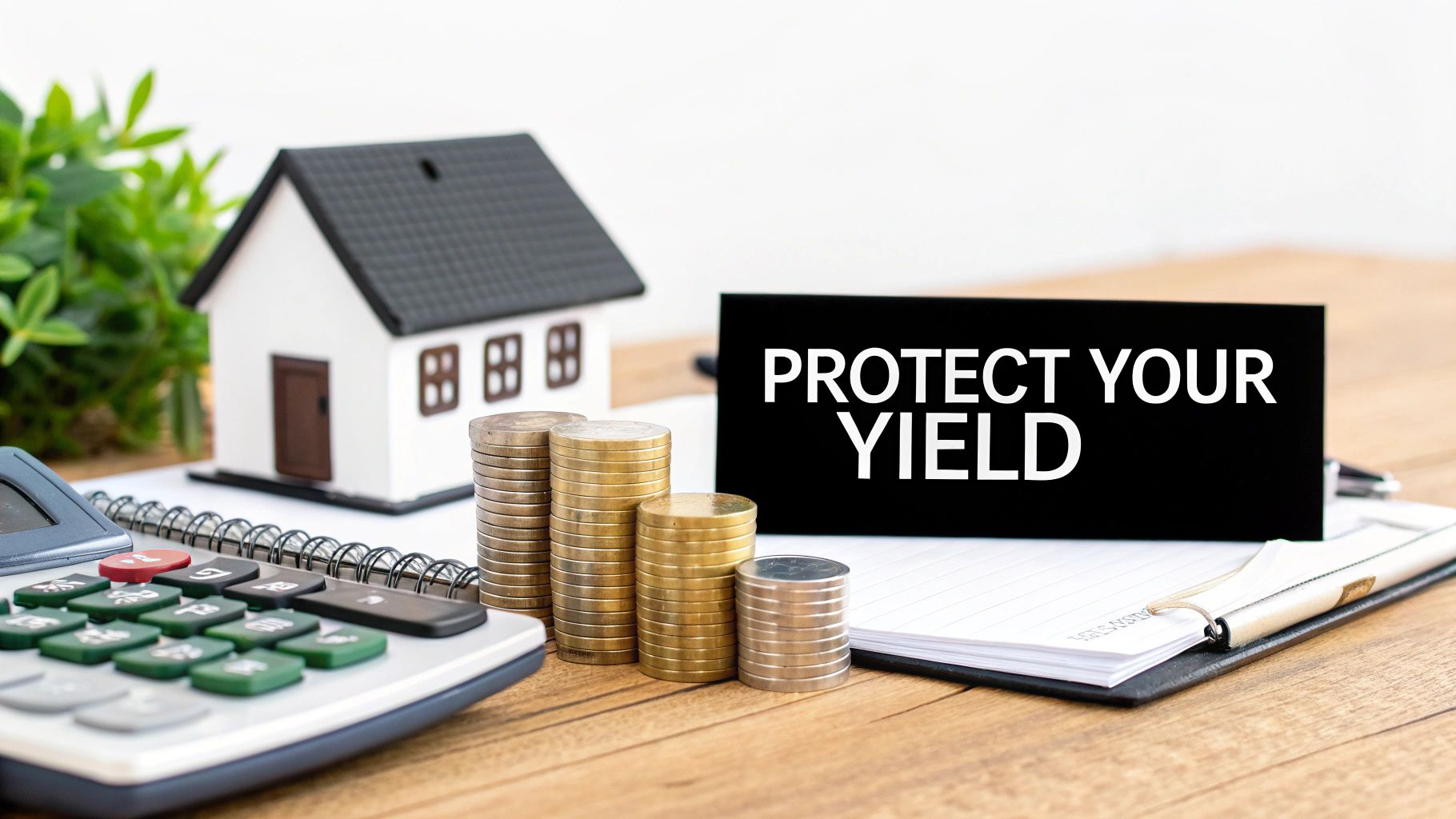 A calculator, miniature house, stacks of coins, and a sign reading 'PROTECT YOUR YIELD' on a wooden desk.