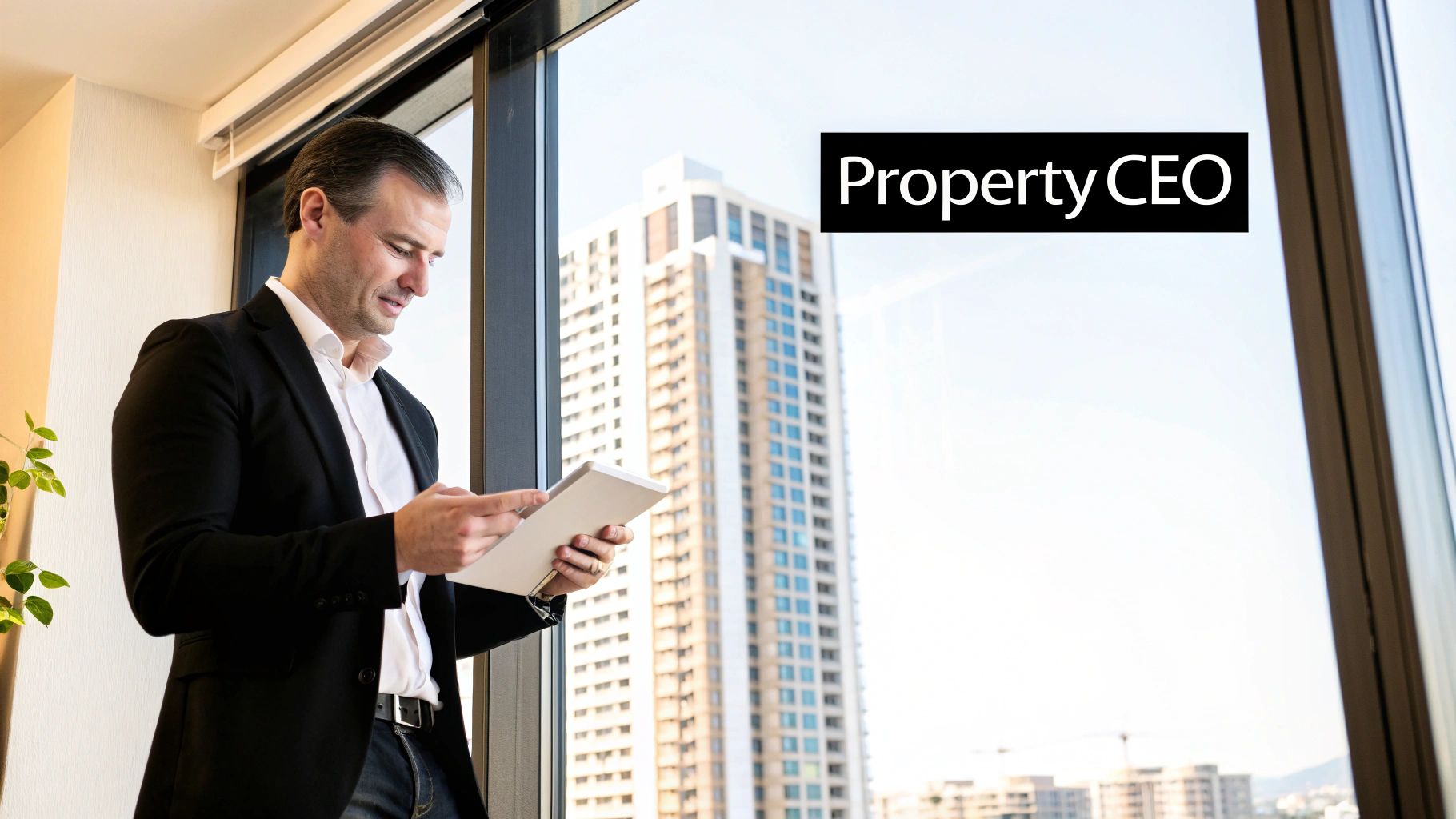 A property CEO in a suit looks at a tablet by a window with a city skyscraper view.