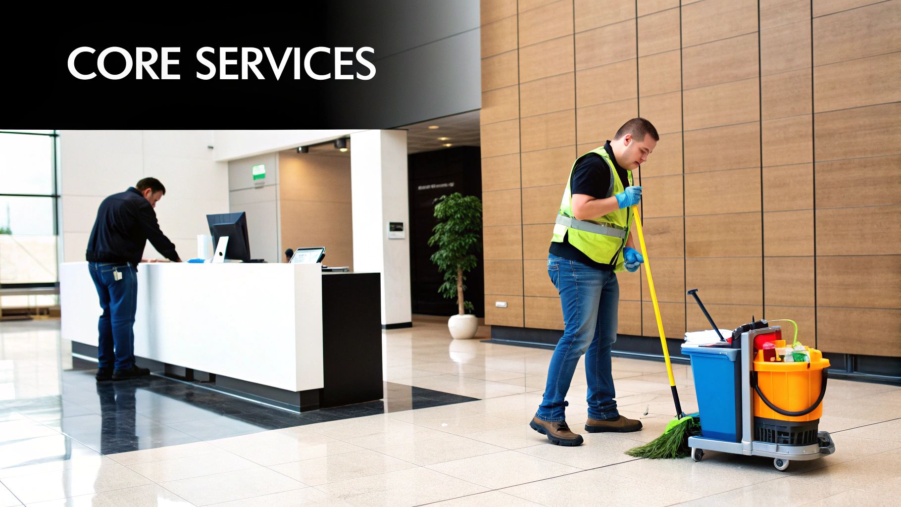 A janitor in a yellow vest mops a pristine floor in a modern office lobby with a cleaning cart.
