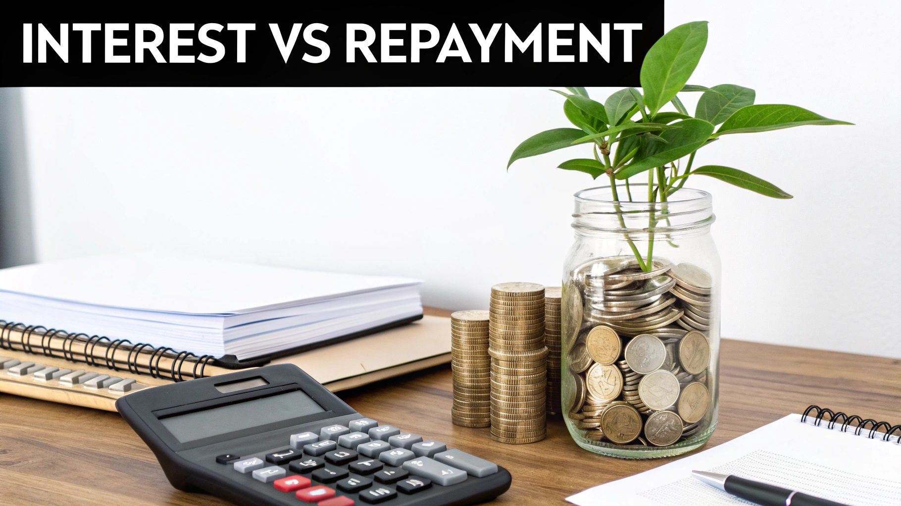 Calculator, coins, and a money plant illustrate financial concepts like interest and repayment.