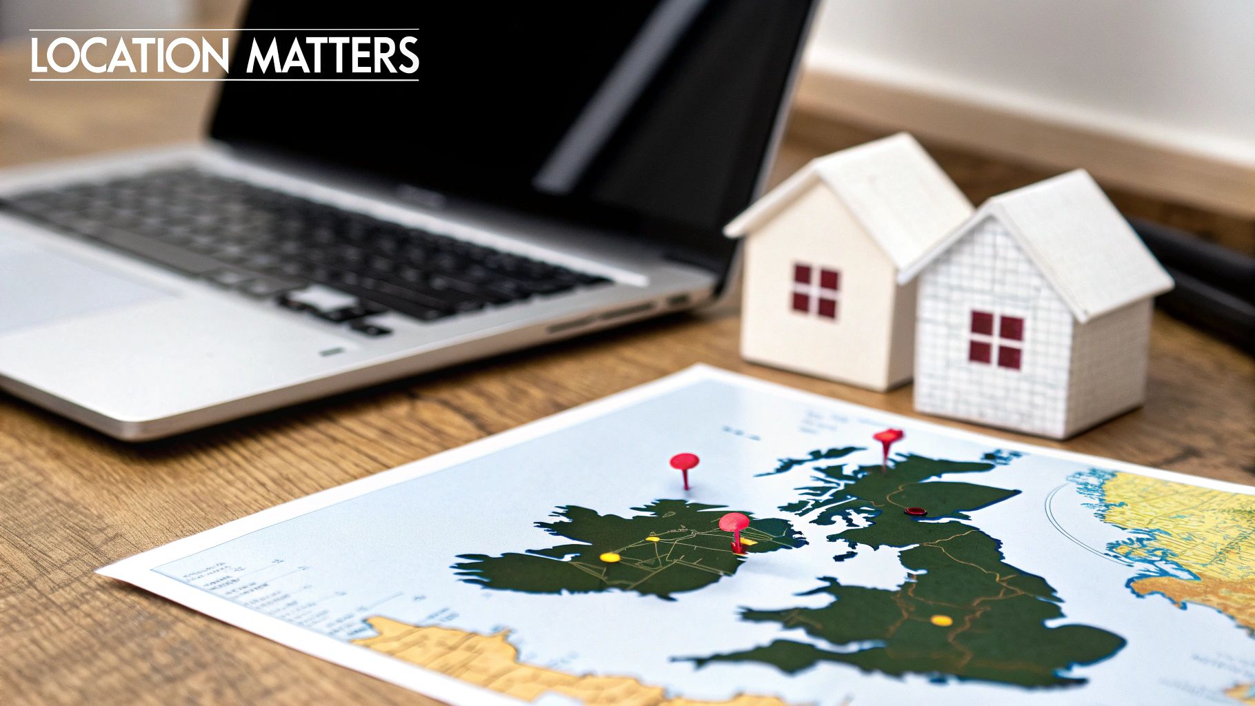 A laptop, map of the UK with pushpins, and two model houses on a wooden desk, emphasizing location.