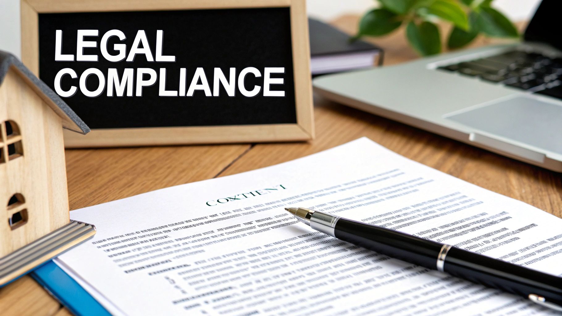 A wooden desk with a house model, legal compliance sign, a document, and a laptop.