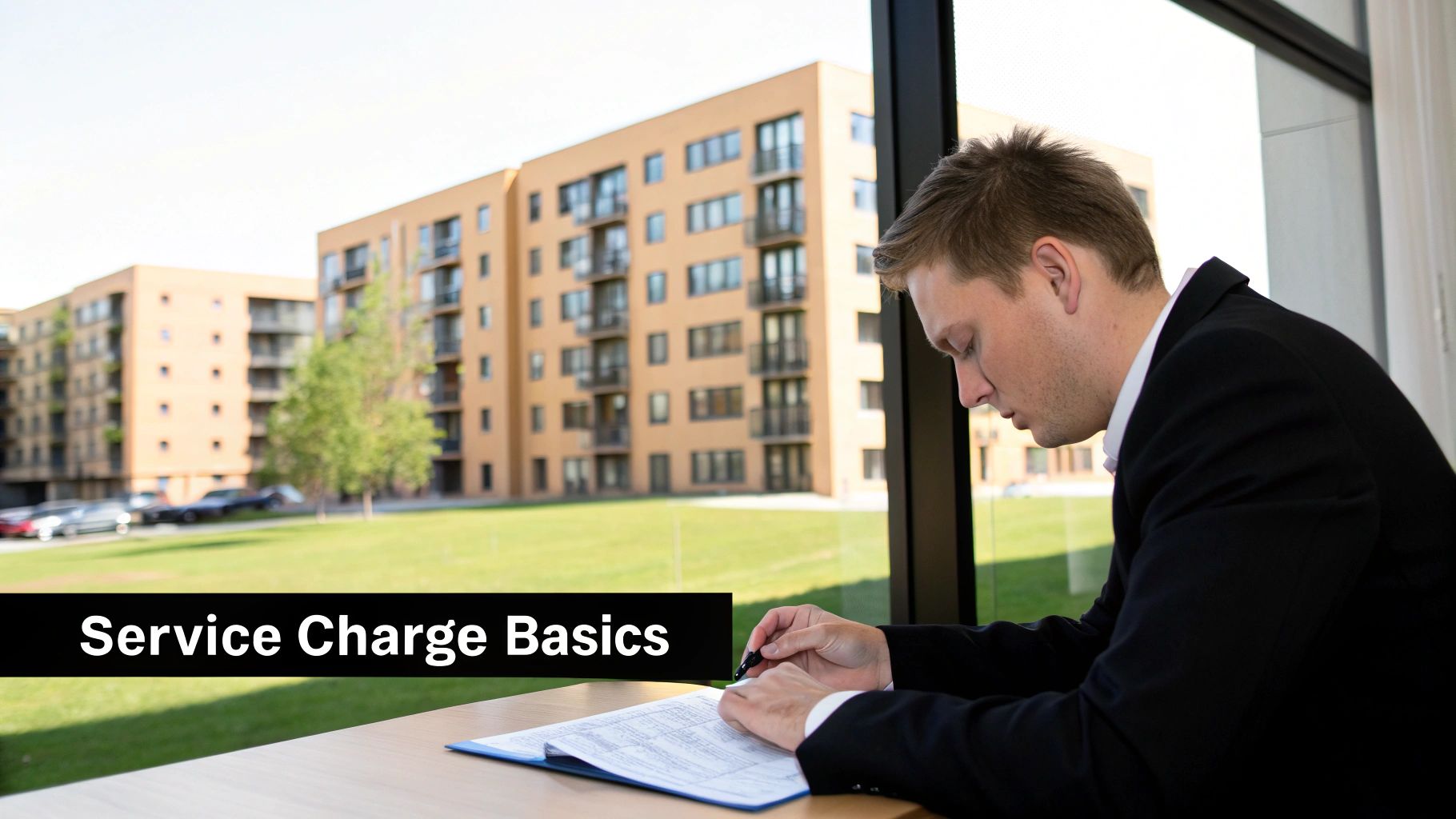 Property manager reviewing service charge documents overlooking modern apartment building complex