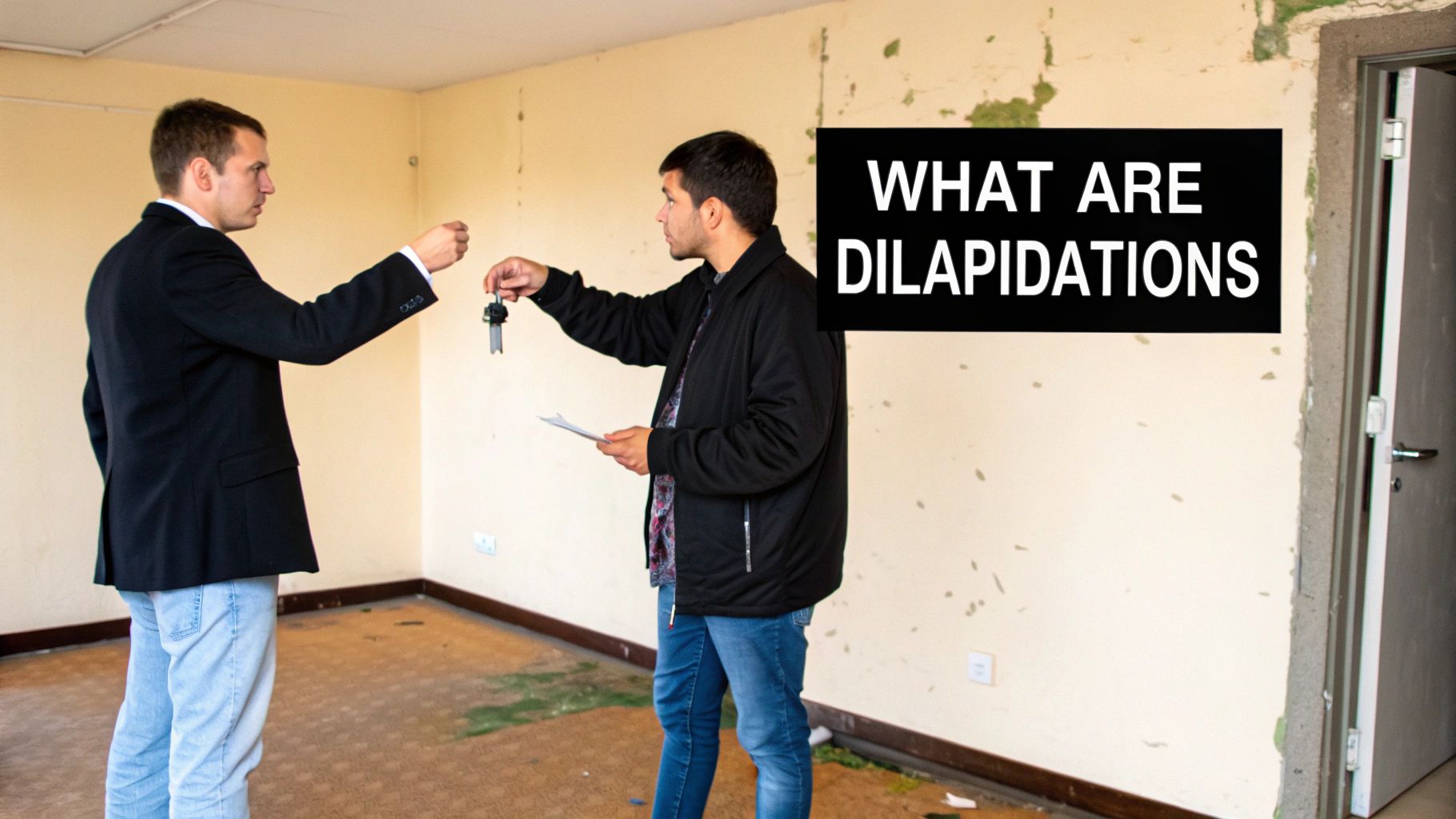 Two men exchange keys in a severely neglected and rundown room with peeling walls and debris.